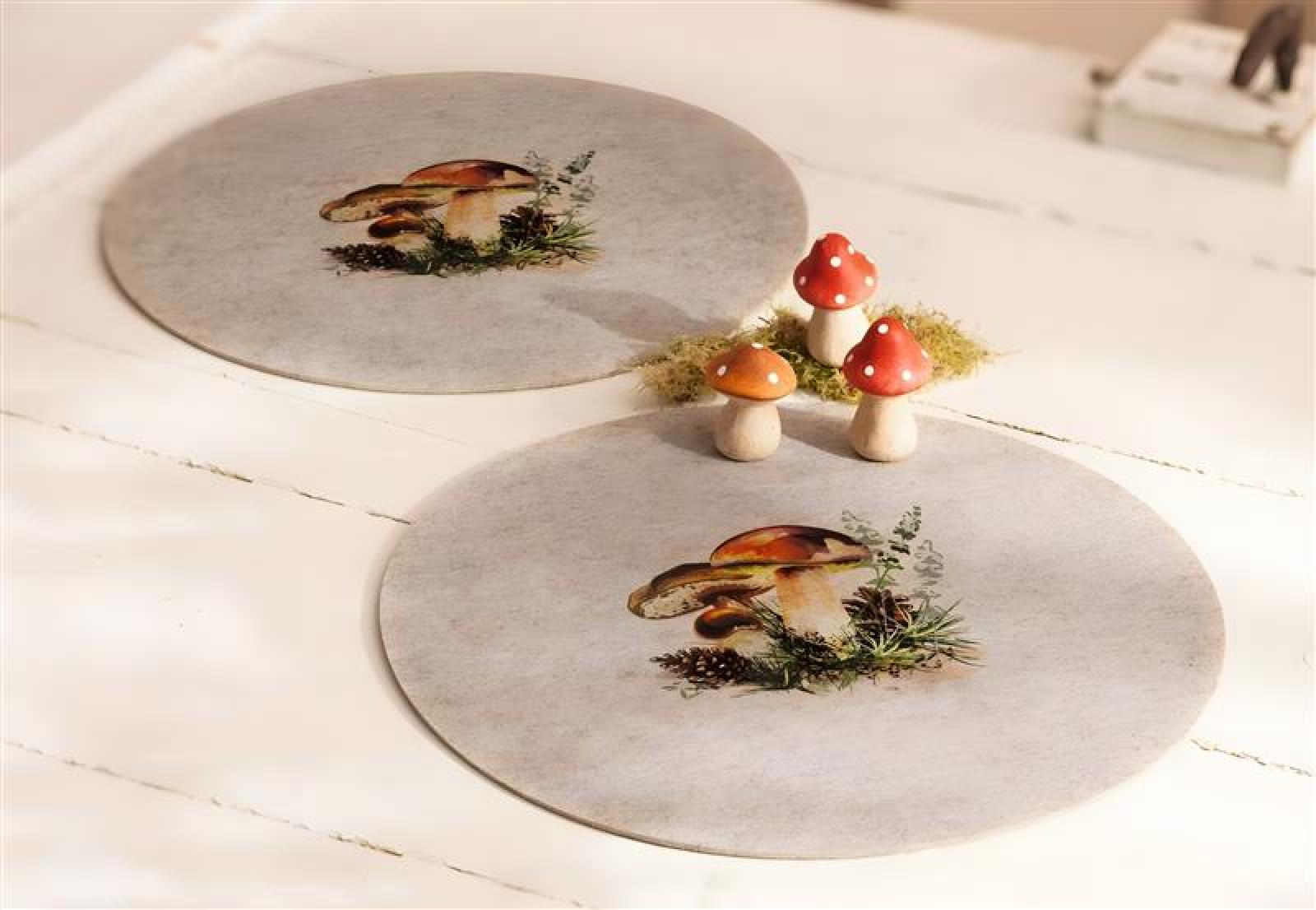 2x Platzmatte "Waldpilze" aus Filz, beige, rund Ø 38 cm, bedruckt mit Herbstmotiv, Platzset, Tischset