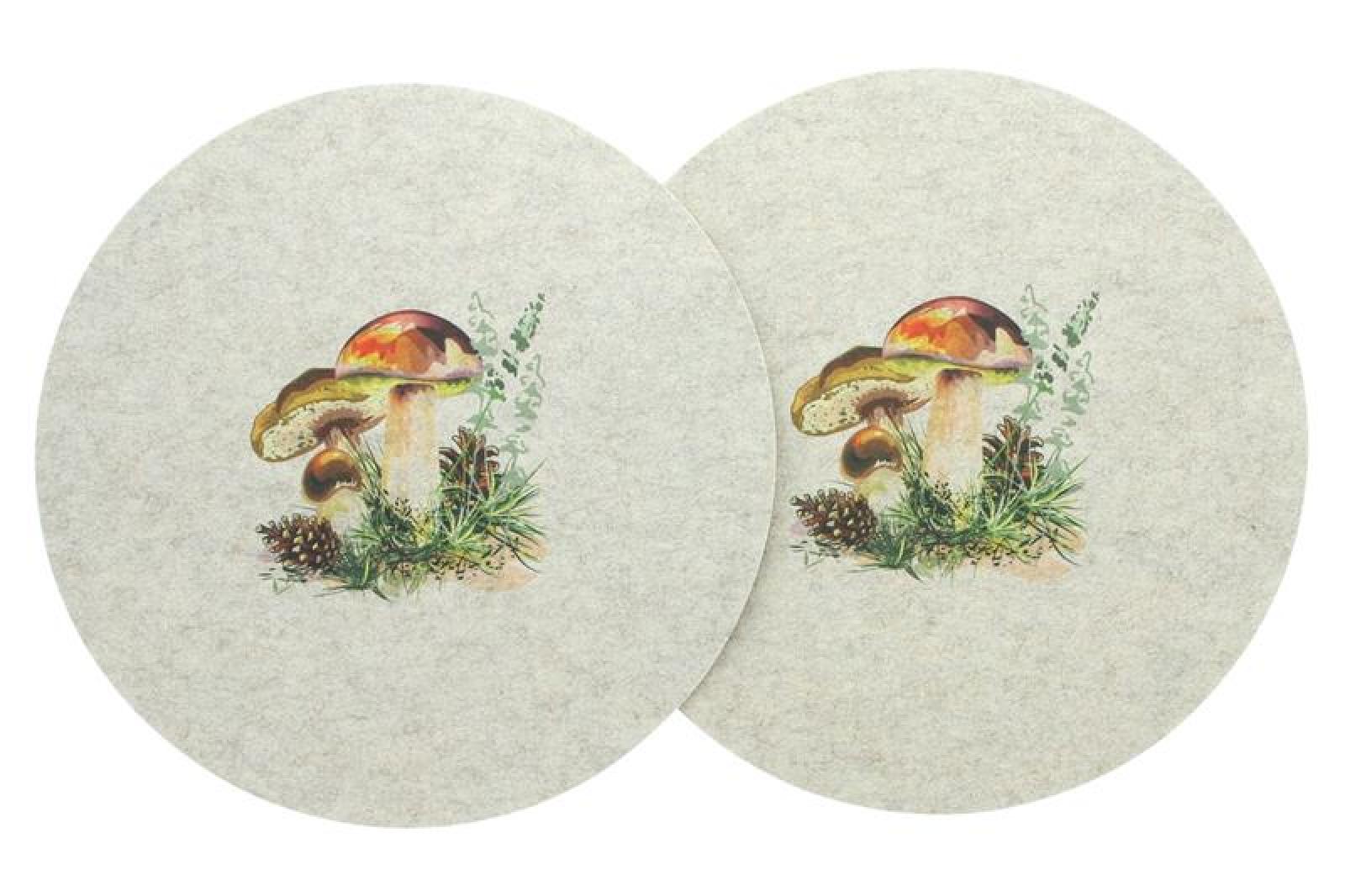 2x Platzmatte "Waldpilze" aus Filz, beige, rund Ø 38 cm, bedruckt mit Herbstmotiv, Platzset, Tischset