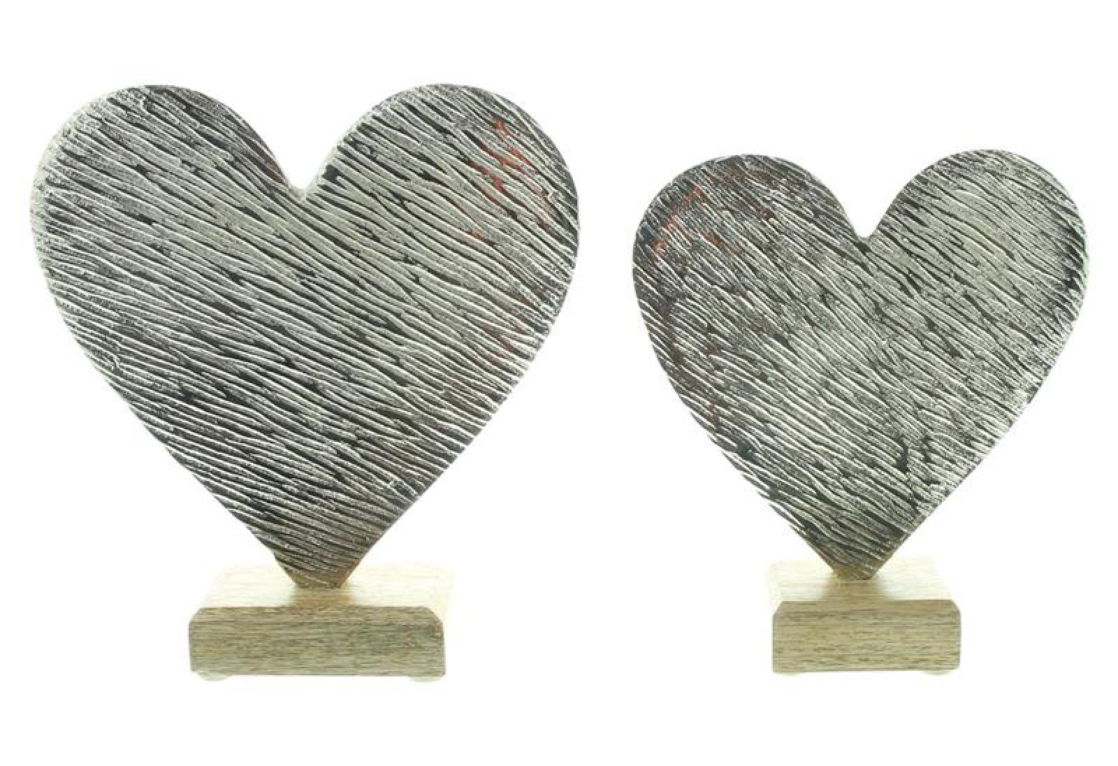 2x Dekoobjekt "Herz" aus Aluminium, silber mit Antik Finish, Sockel aus Mango Holz, Herzdeko, Hochzeitsdeko, Dekoherz