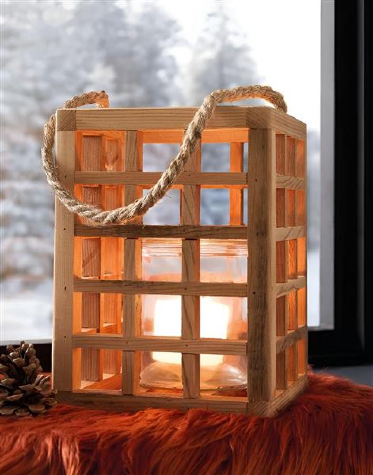 Windlicht "Wood" aus recyceltem Holz & Glas, 24 cm hoch, Hängewindlicht, Laterne
