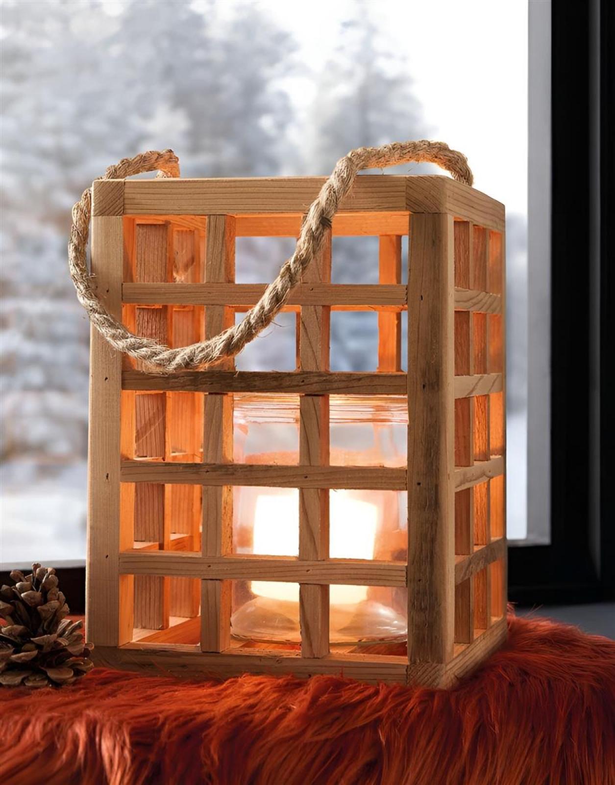 Windlicht "Wood" aus recyceltem Holz & Glas, 24 cm hoch, Hängewindlicht, Laterne