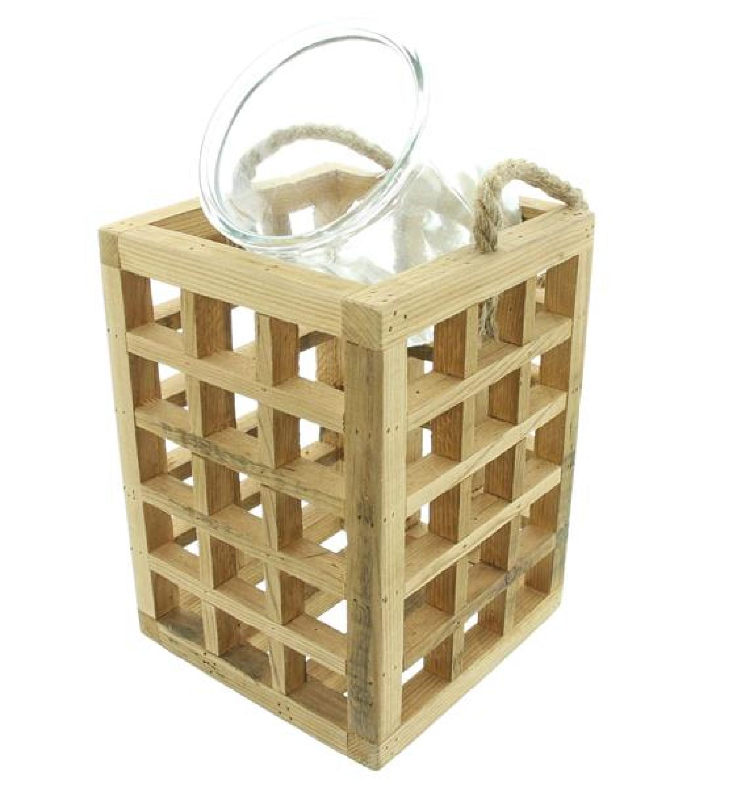 Windlicht "Wood" aus recyceltem Holz & Glas, 24 cm hoch, Hängewindlicht, Laterne