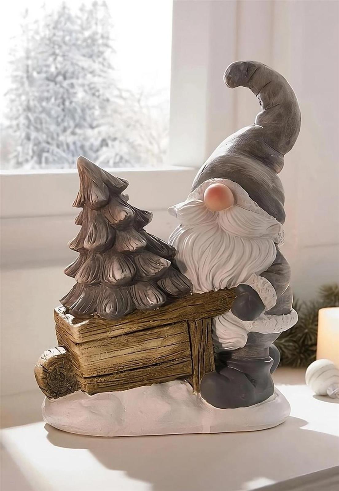 Dekofigur Wichtel "Schubkarre" aus Polyresin, 27 cm hoch, Dekowichtel, Weihnachtsdeko