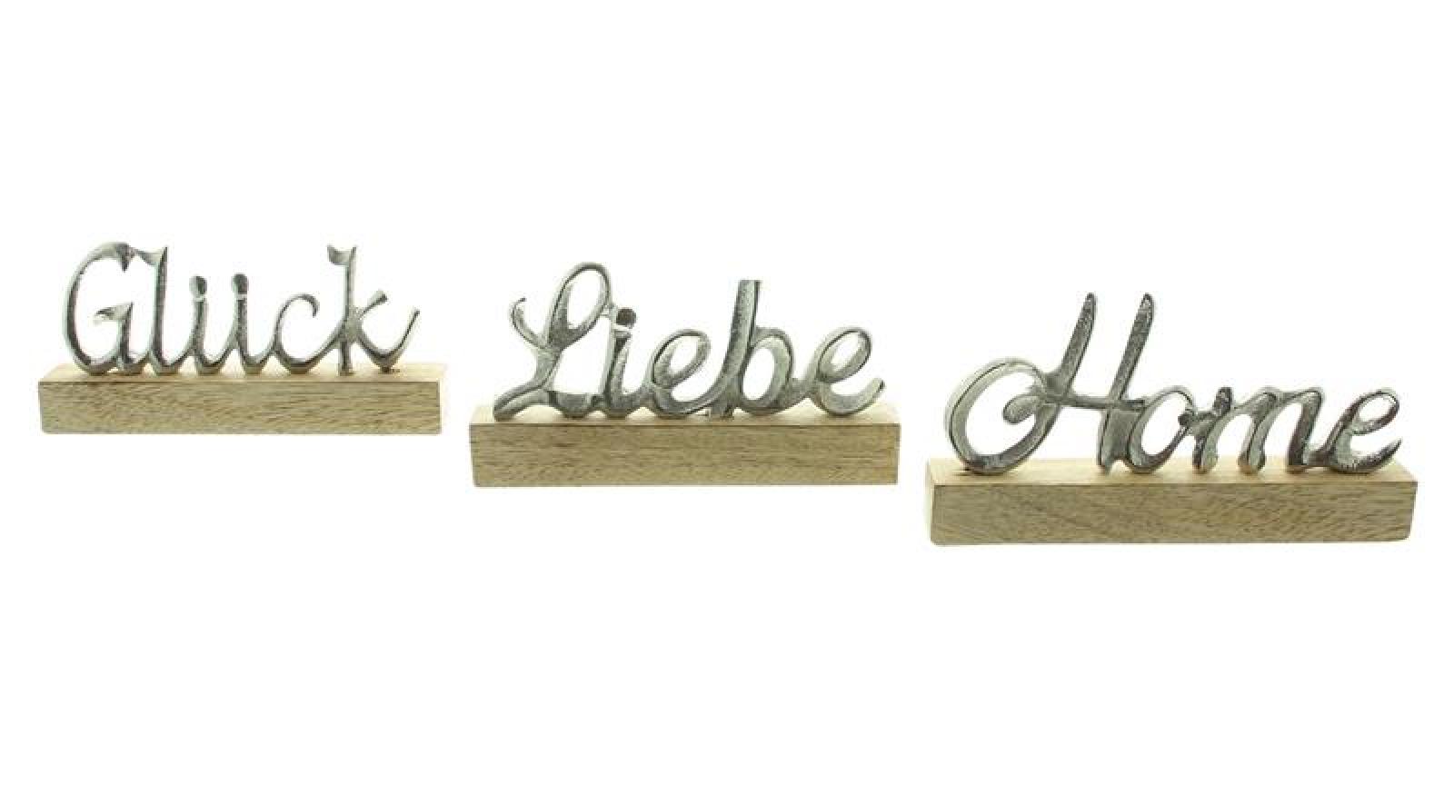 3er Set Schriftzug "Liebe, Home & Glück" aus Aluminium in silber & Mango Holz, Deko Aufsteller