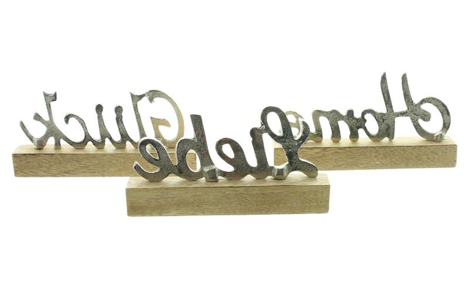 3er Set Schriftzug "Liebe, Home & Glück" aus Aluminium in silber & Mango Holz, Deko Aufsteller