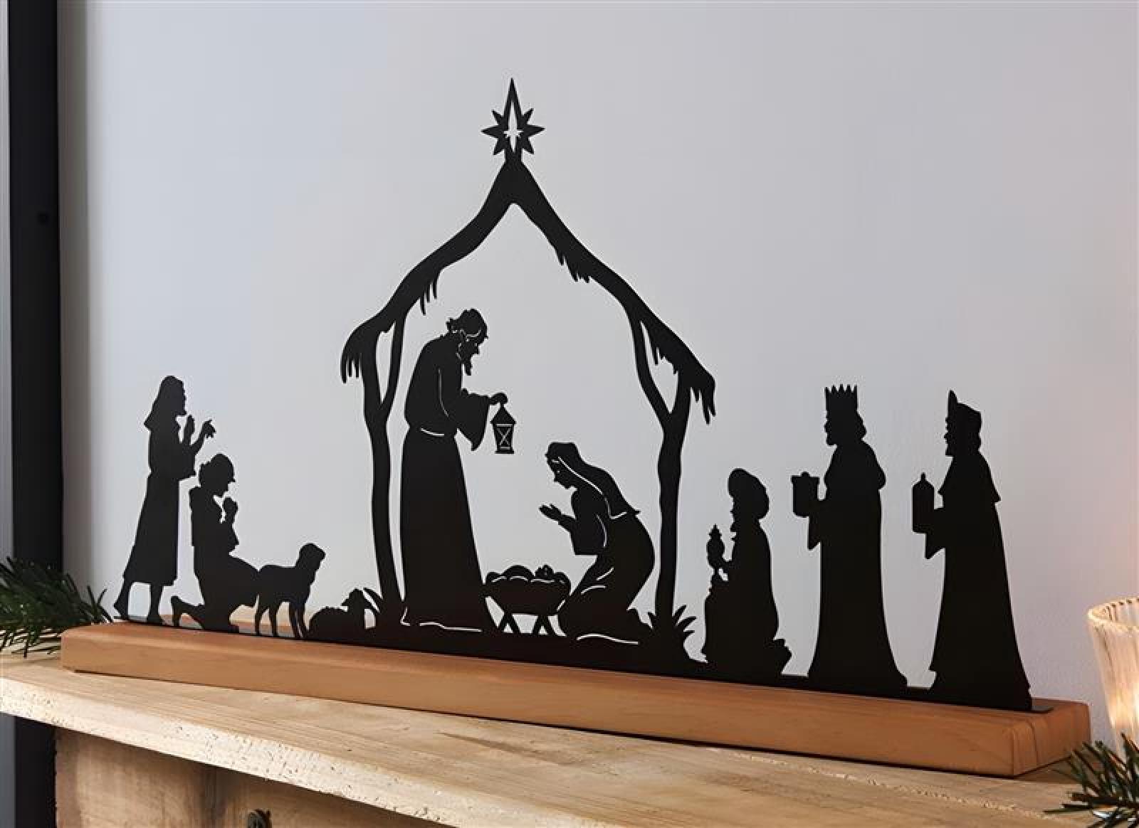 Weihnachtsdeko "Heilige Familie" aus Metall, schwarz, 44x24 cm, auf Holzsockel, Krippenspiel