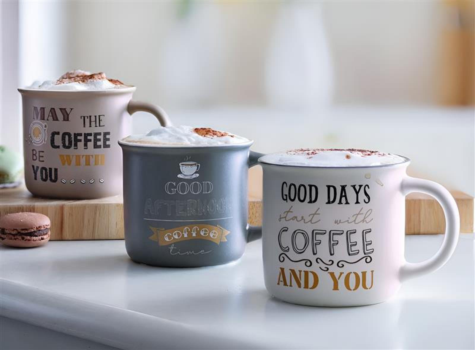 3x Tasse "Coffee" Kaffeetassse aus Porzellan mit Spruch, große Kaffee Becher, 350 ml