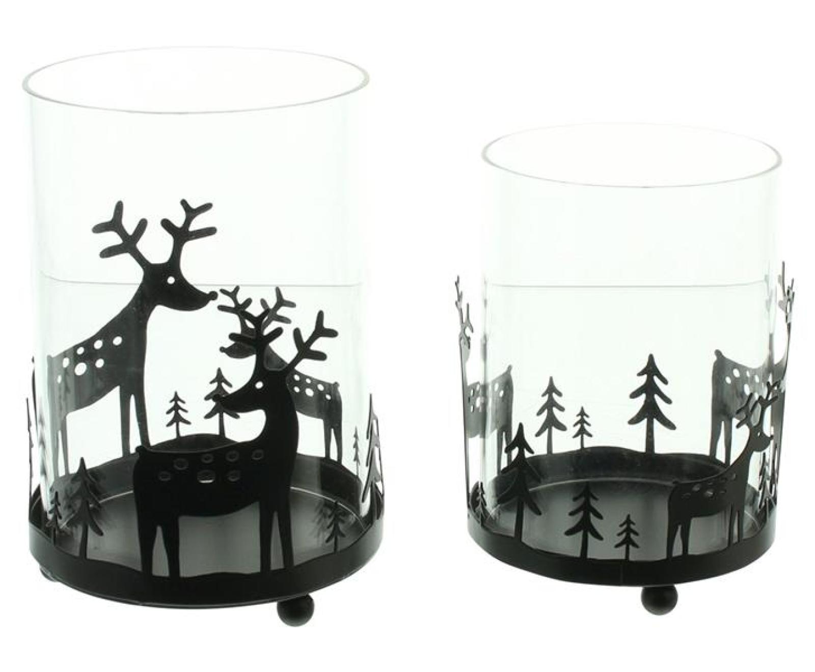2x Windlicht "Rentiere" aus Metall, schwarz & Glas, 11 + 13 cm hoch, Kerzenhalter für Stumpenkerzen, Teelichtglas, Windlichtglas