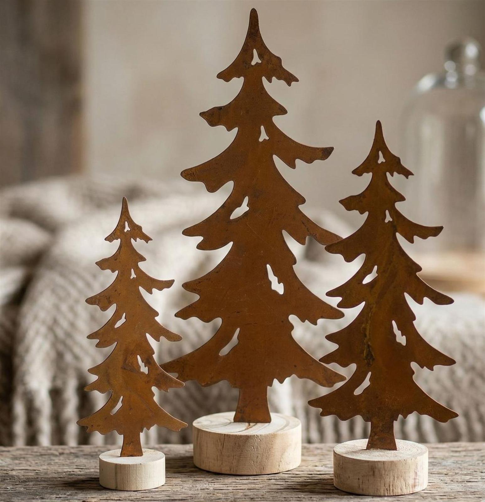 3x Dekofigur "Tanne" aus Metall mit Echtrost, 18 + 23 + 30 cm hoch, Sockel aus Holz, Tischdeko, Tannenbaum, Weihnachtsdeko