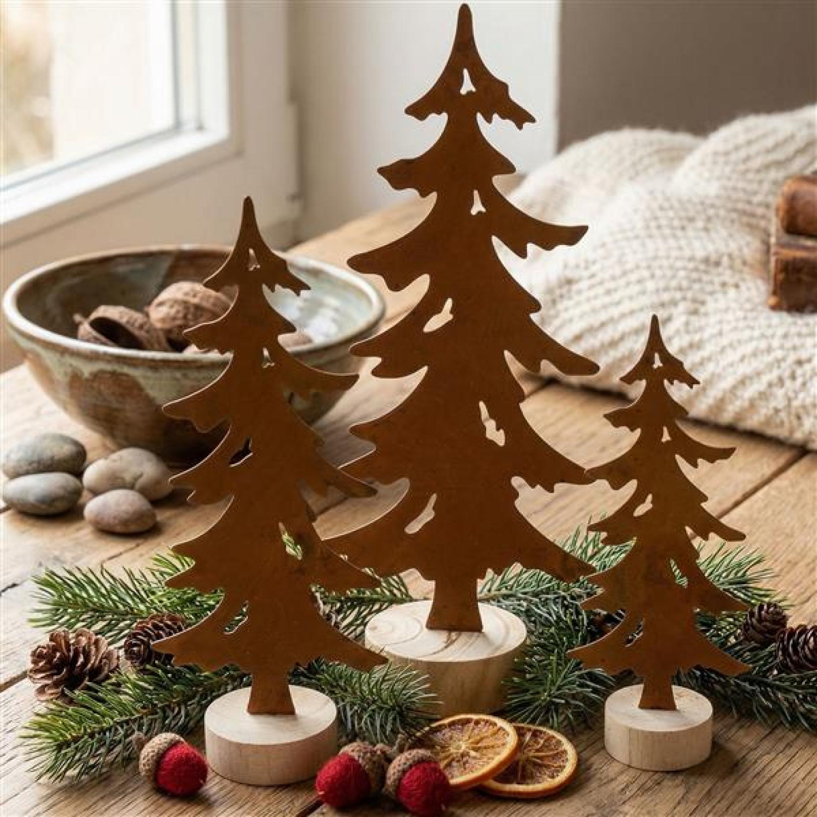 3x Dekofigur "Tanne" aus Metall mit Echtrost, 18 + 23 + 30 cm hoch, Sockel aus Holz, Tischdeko, Tannenbaum, Weihnachtsdeko