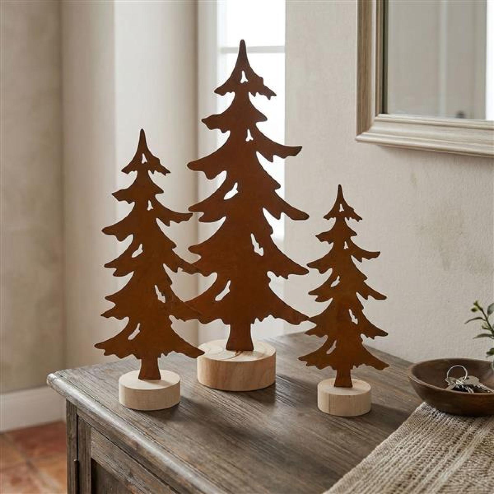 3x Dekofigur "Tanne" aus Metall mit Echtrost, 18 + 23 + 30 cm hoch, Sockel aus Holz, Tischdeko, Tannenbaum, Weihnachtsdeko