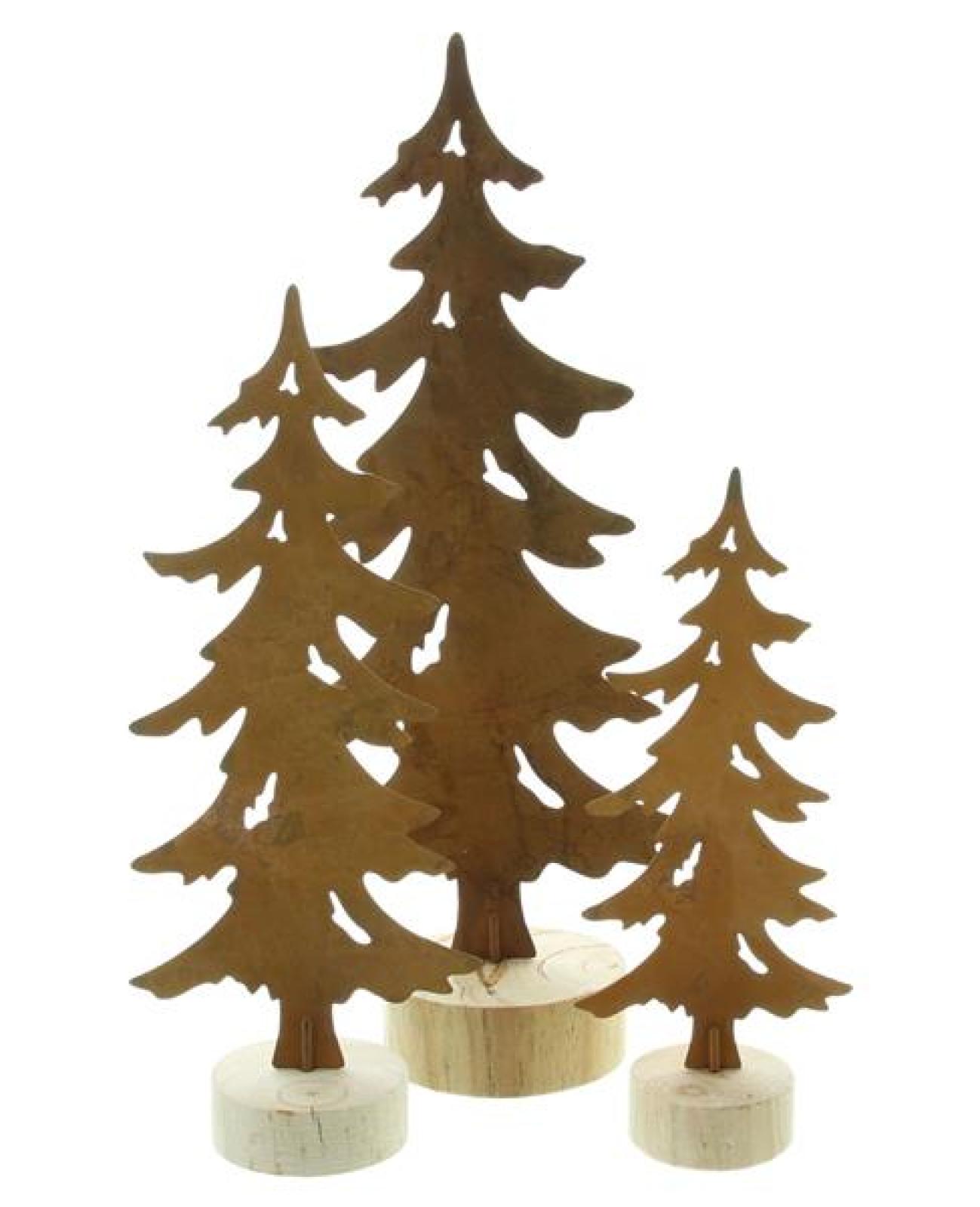 3x Dekofigur "Tanne" aus Metall mit Echtrost, 18 + 23 + 30 cm hoch, Sockel aus Holz, Tischdeko, Tannenbaum, Weihnachtsdeko