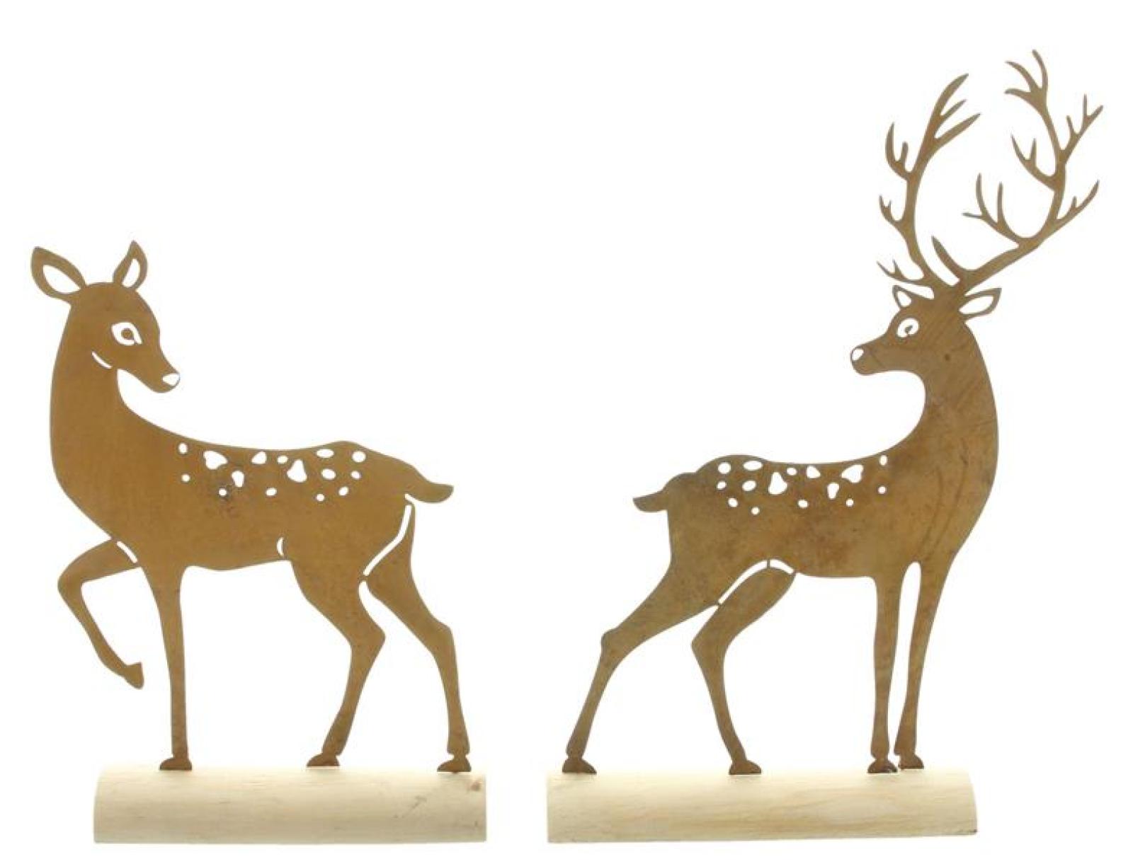2x Dekofigur "Reh & Hirsch" aus Metall mit Echt Rost, auf Holz Sockel, Weihnachtsdeko, Rostdeko