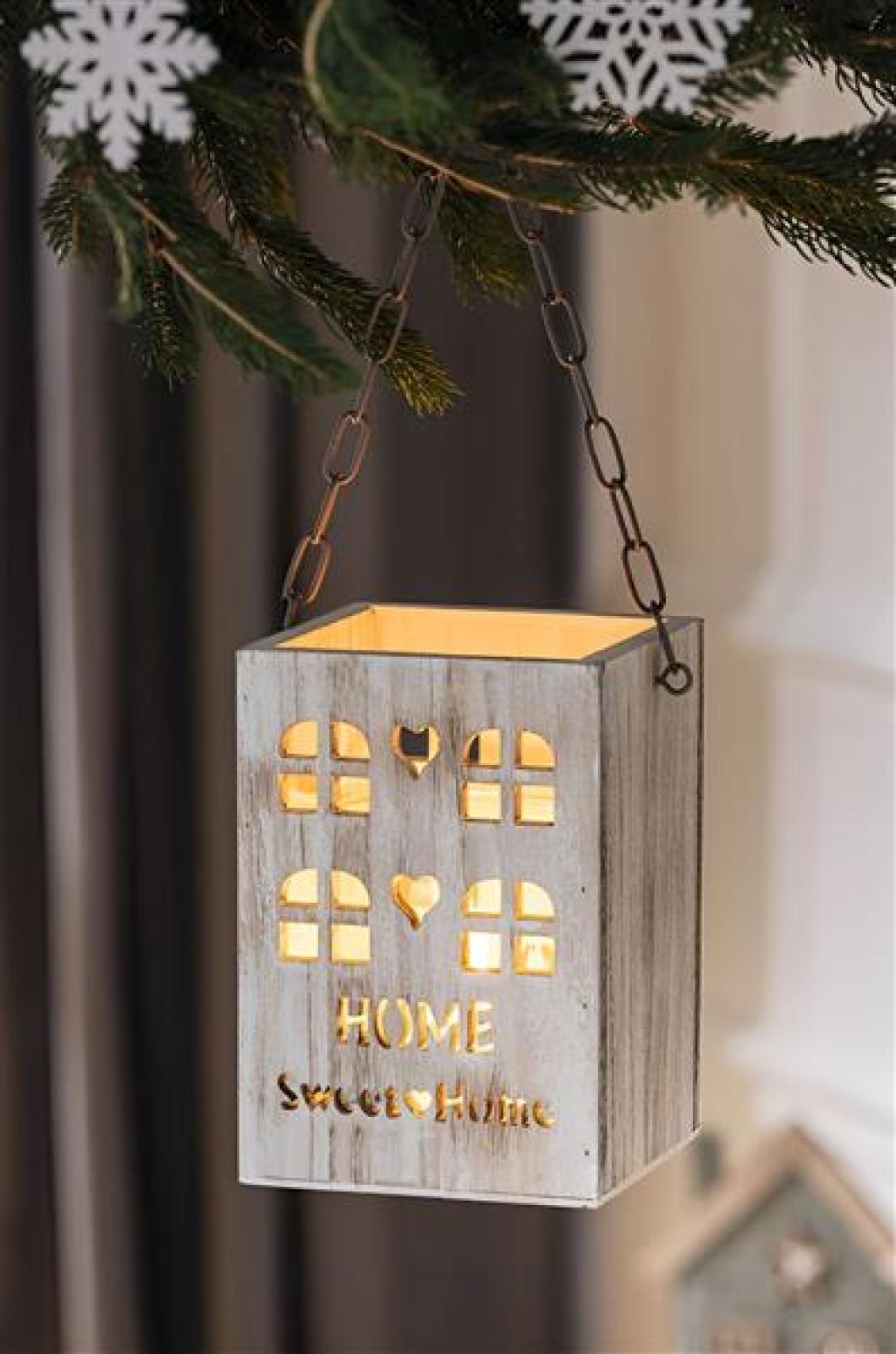 Laterne "Home Sweet Home" aus Holz & Glas, Hängelaterne, Windlicht mit Metall Kette