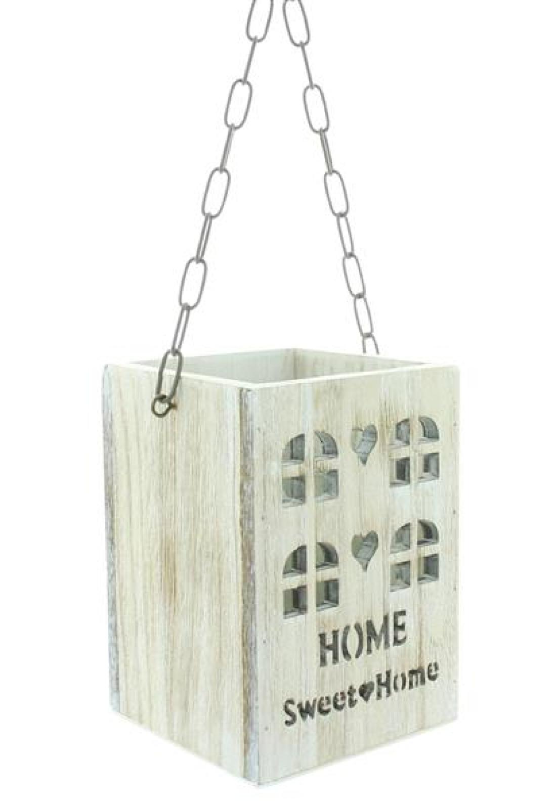 Laterne "Home Sweet Home" aus Holz & Glas, Hängelaterne, Windlicht mit Metall Kette