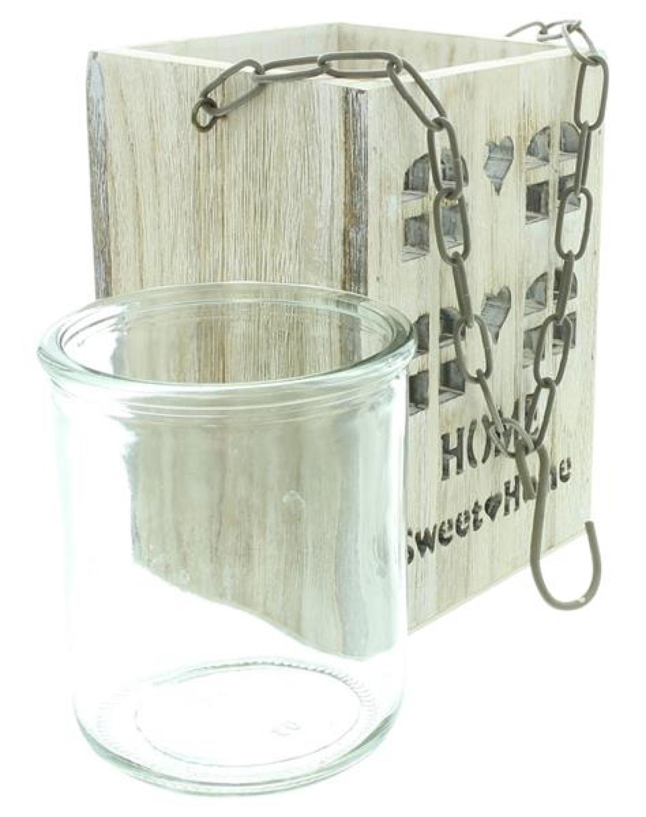 Laterne "Home Sweet Home" aus Holz & Glas, Hängelaterne, Windlicht mit Metall Kette