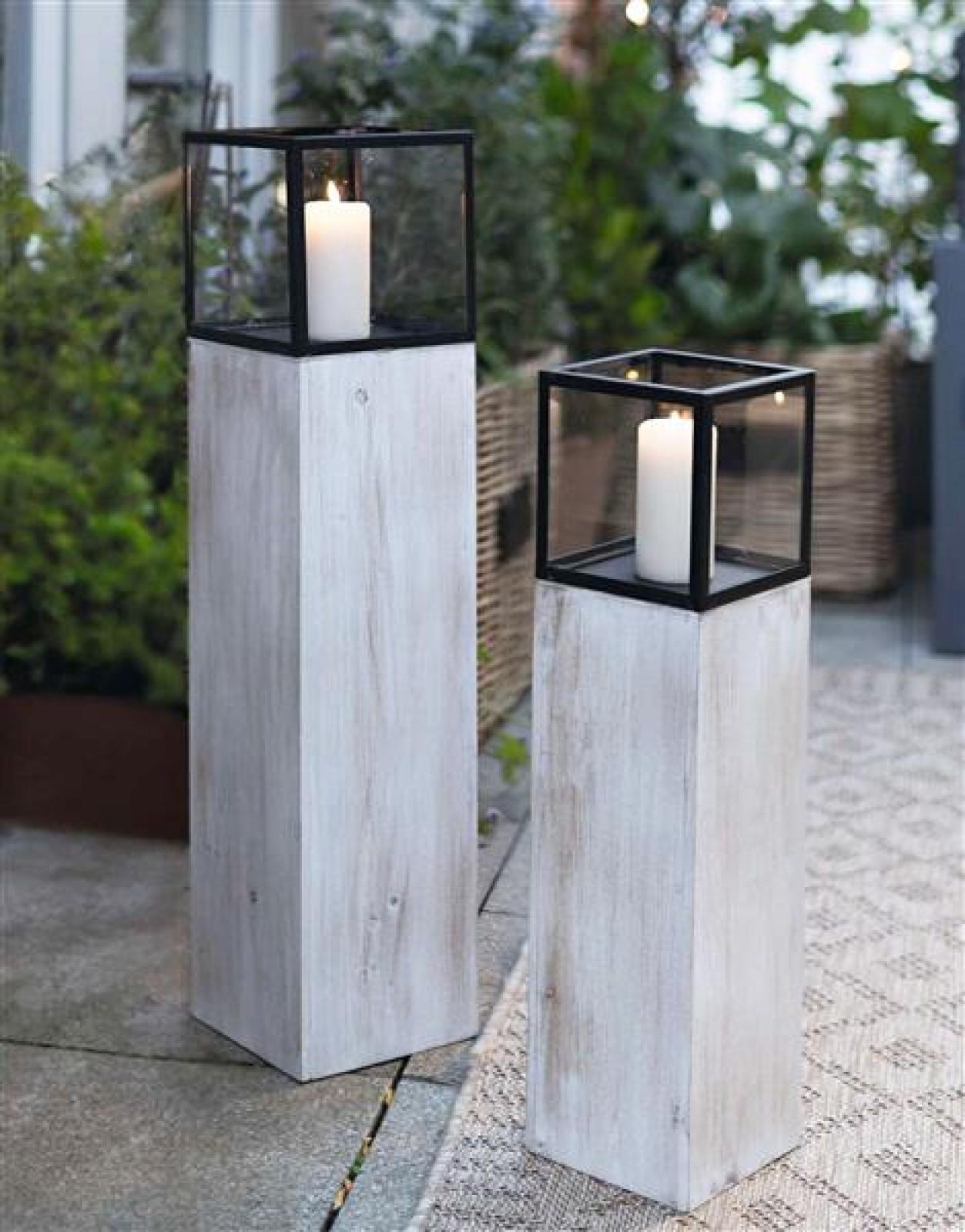2x Windlichtsäule "Modern Shabby" aus Holz, Metall & Glas, 60 + 78 cm hoch, Kerzenhalter, Kerzenständer, Dekosäule für Wohnzimmer, Holzsäule mit Kerzenglas