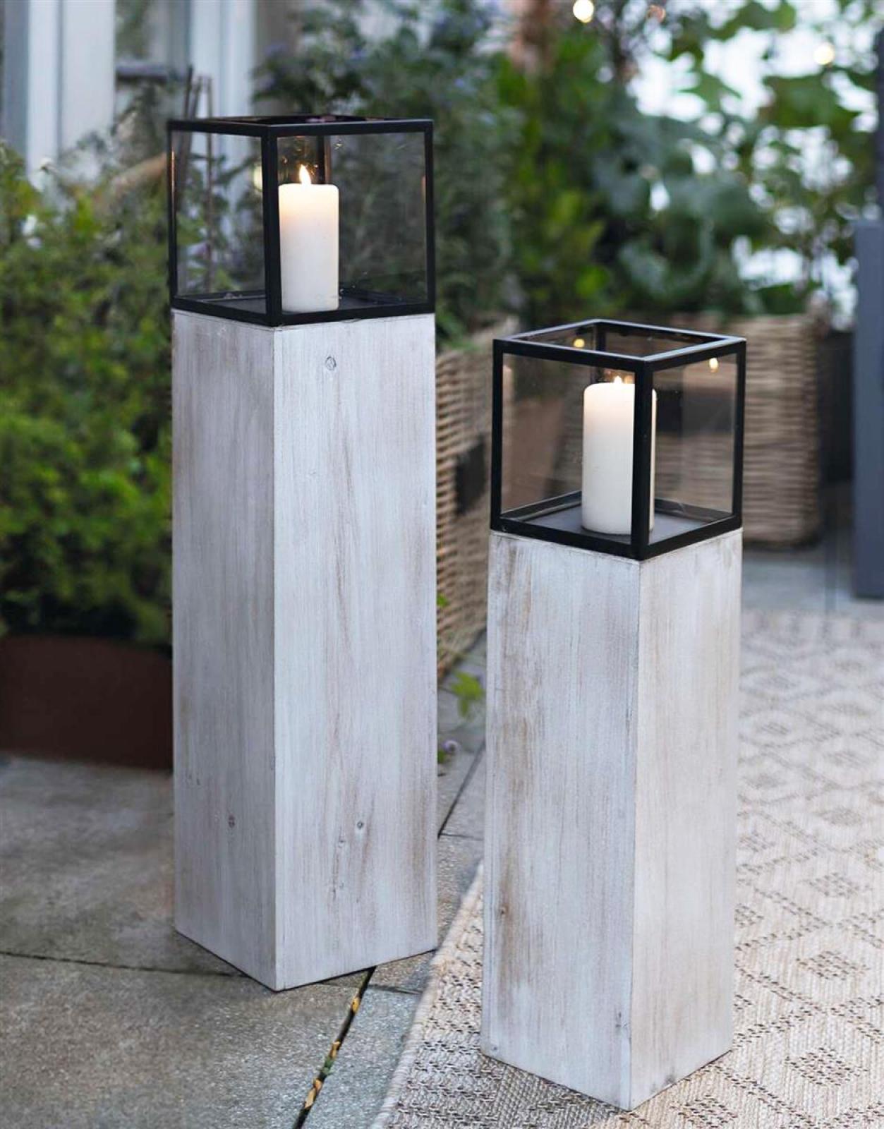 2x Windlichtsäule "Modern Shabby" aus Holz, Metall & Glas, 60 + 78 cm hoch, Kerzenhalter, Kerzenständer, Dekosäule für Wohnzimmer, Holzsäule mit Kerzenglas