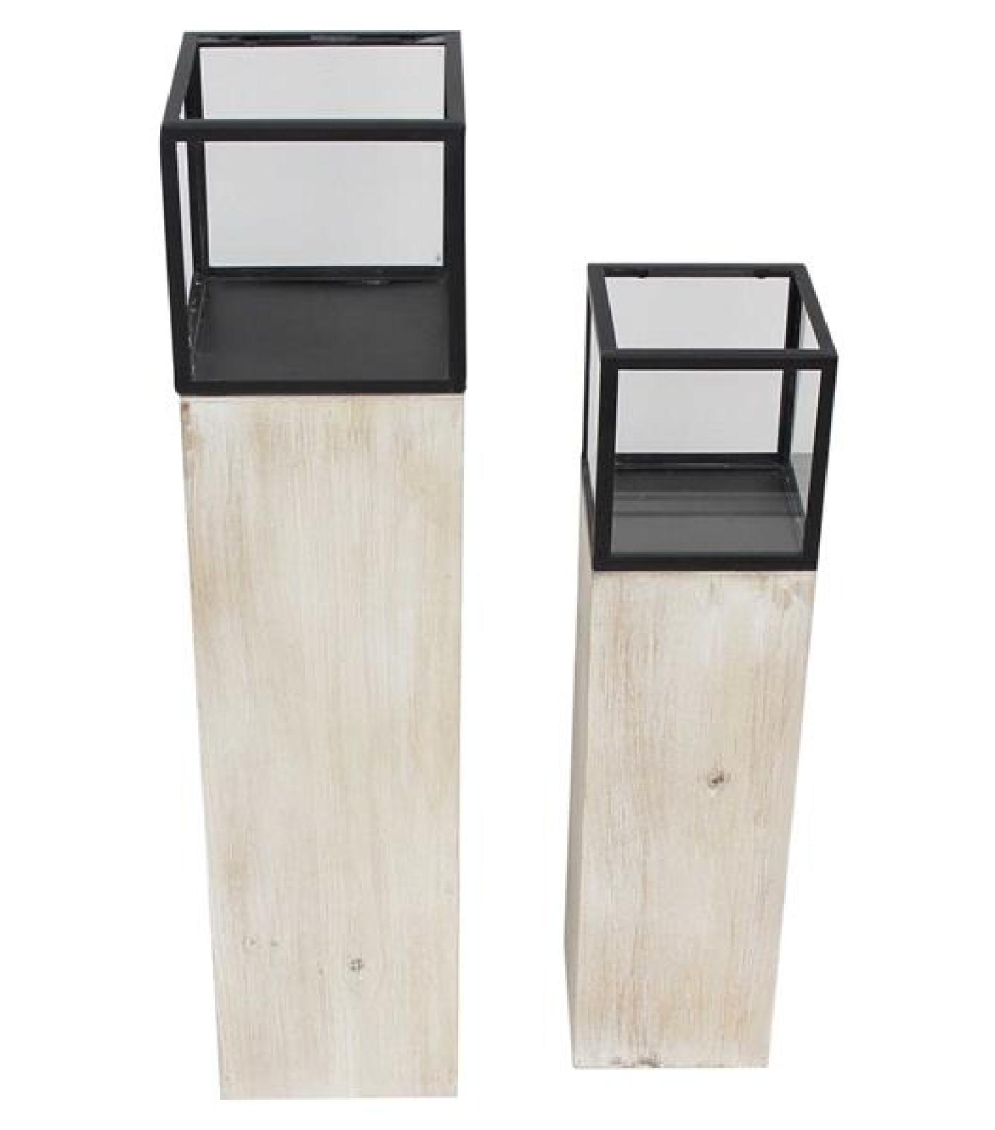 2x Windlichtsäule "Modern Shabby" aus Holz, Metall & Glas, 60 + 78 cm hoch, Kerzenhalter, Kerzenständer, Dekosäule für Wohnzimmer, Holzsäule mit Kerzenglas