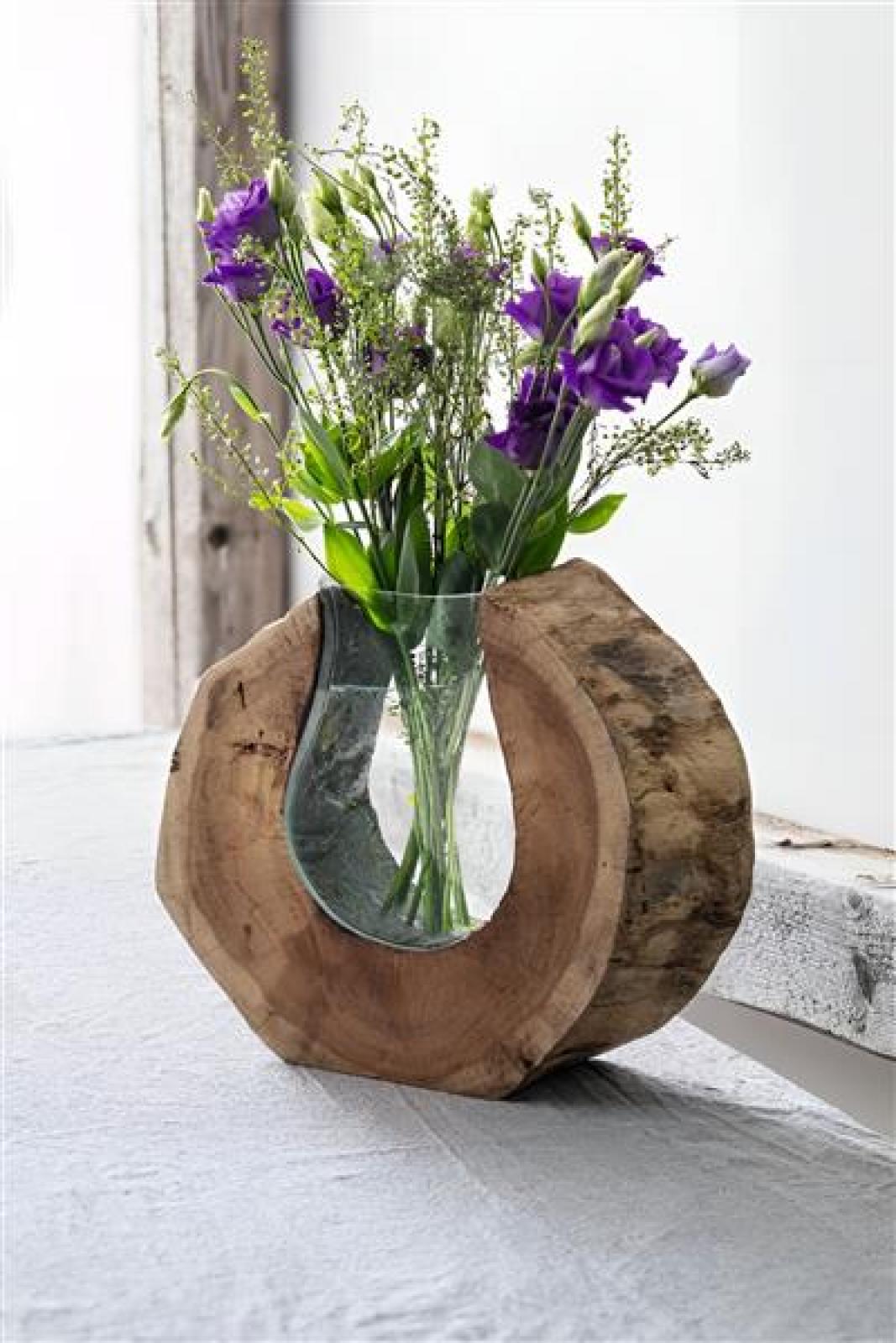 Vase "Wurzelholz" aus Holz & Glas, balinesische Handwerkskunst, Glasvase in Holzscheibe, Blumenvase