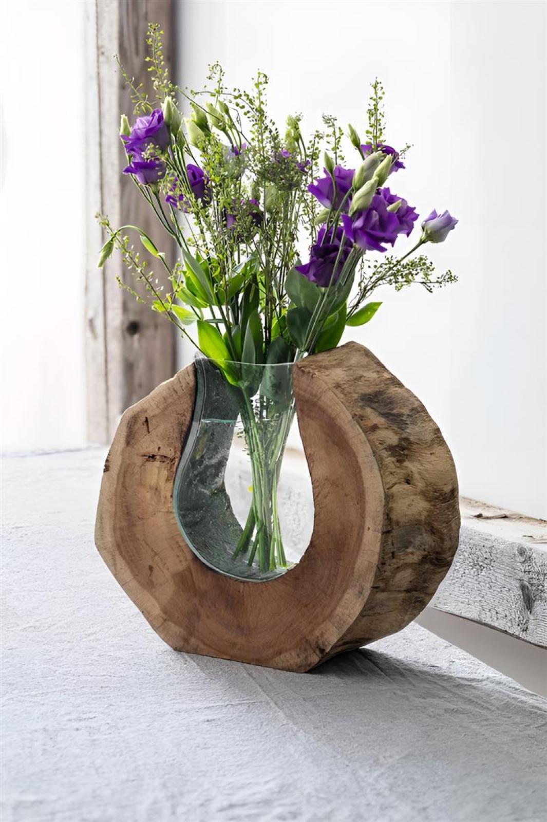 Vase "Wurzelholz" aus Holz & Glas, balinesische Handwerkskunst, Glasvase in Holzscheibe, Blumenvase