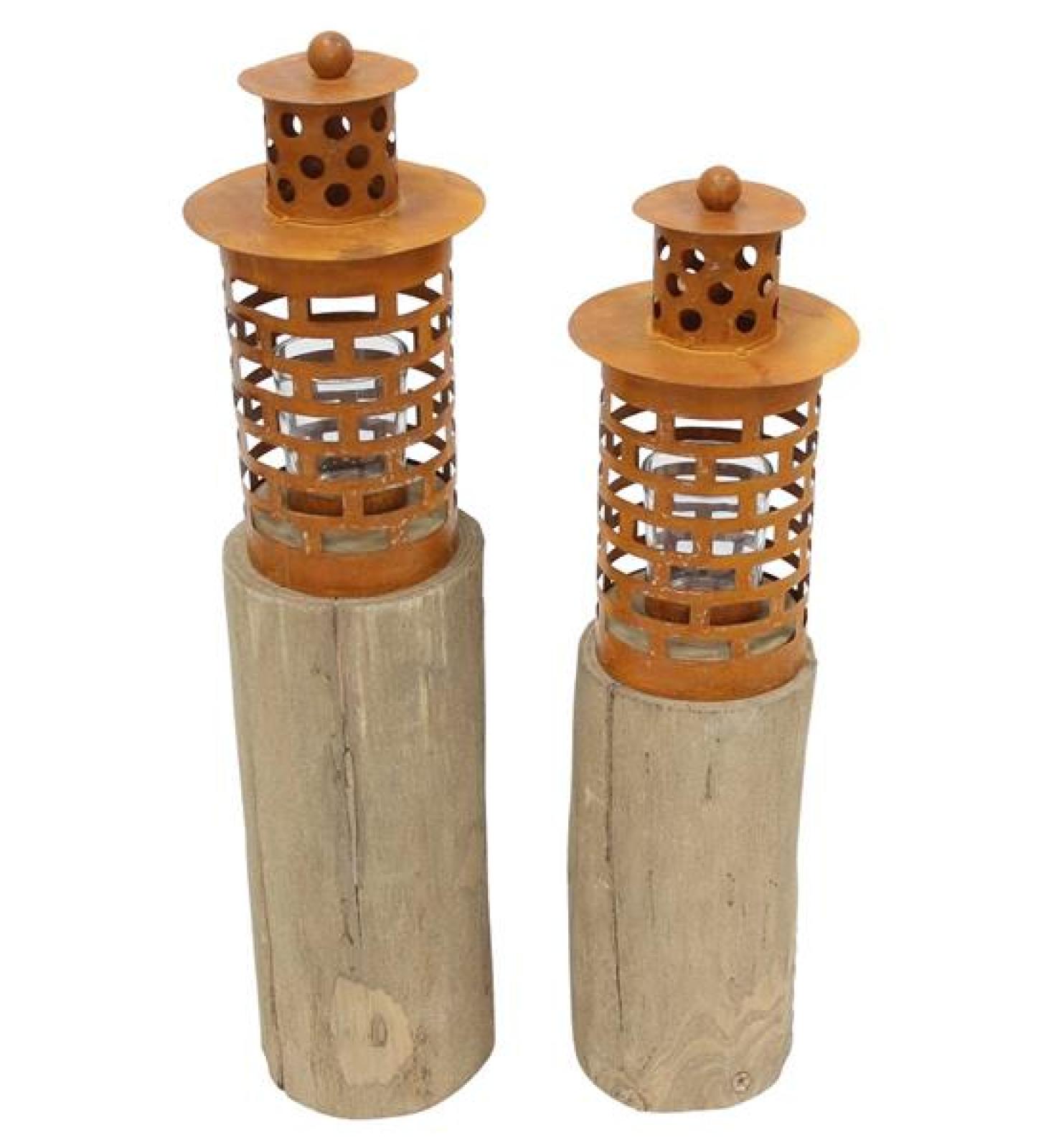 2x Windlichtsäule "Türmchen" aus Holz & Metall in Rost Optik, 43 + 50 cm hoch, Holzsäule, Kerzenhalter