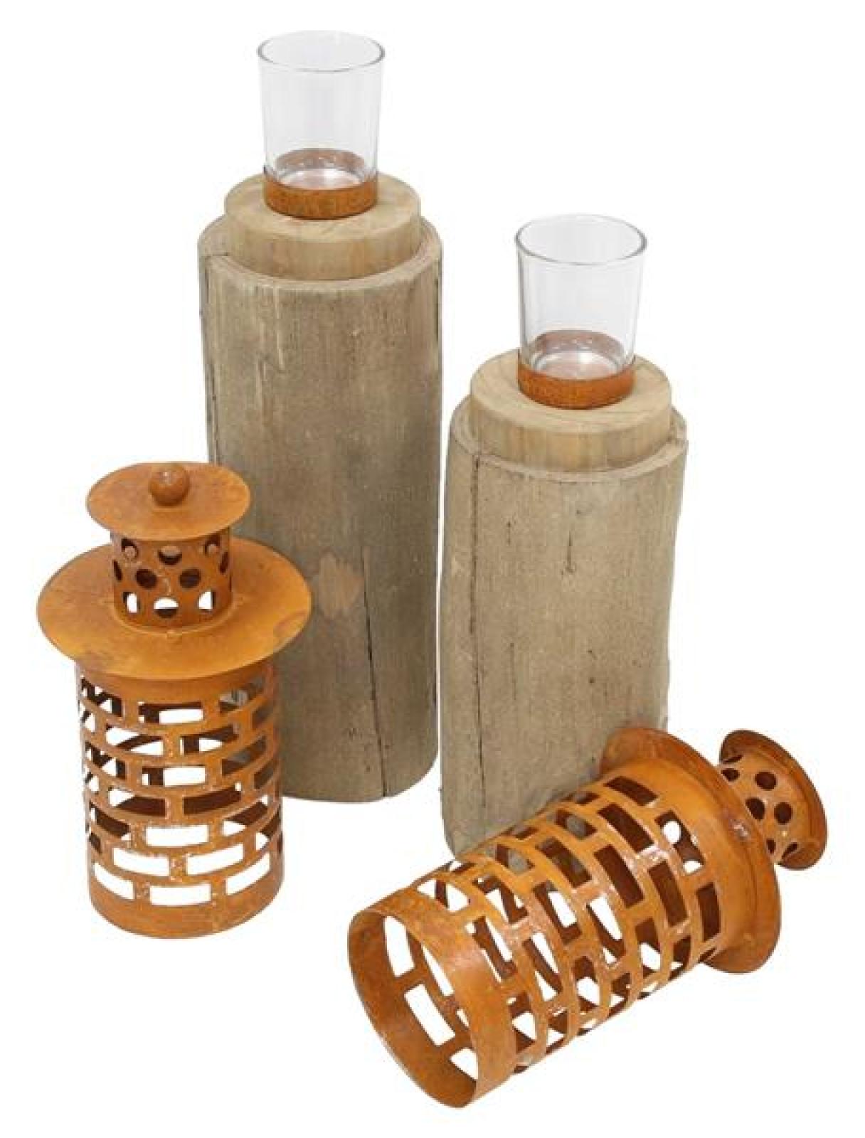 2x Windlichtsäule "Türmchen" aus Holz & Metall in Rost Optik, 43 + 50 cm hoch, Holzsäule, Kerzenhalter