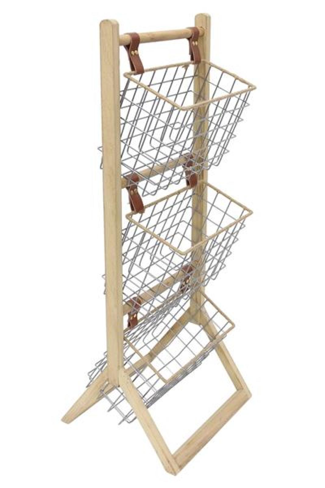 Standregal aus Holz mit 3 Körben aus Metall, 91 cm hoch, Badregal, Küchenregal