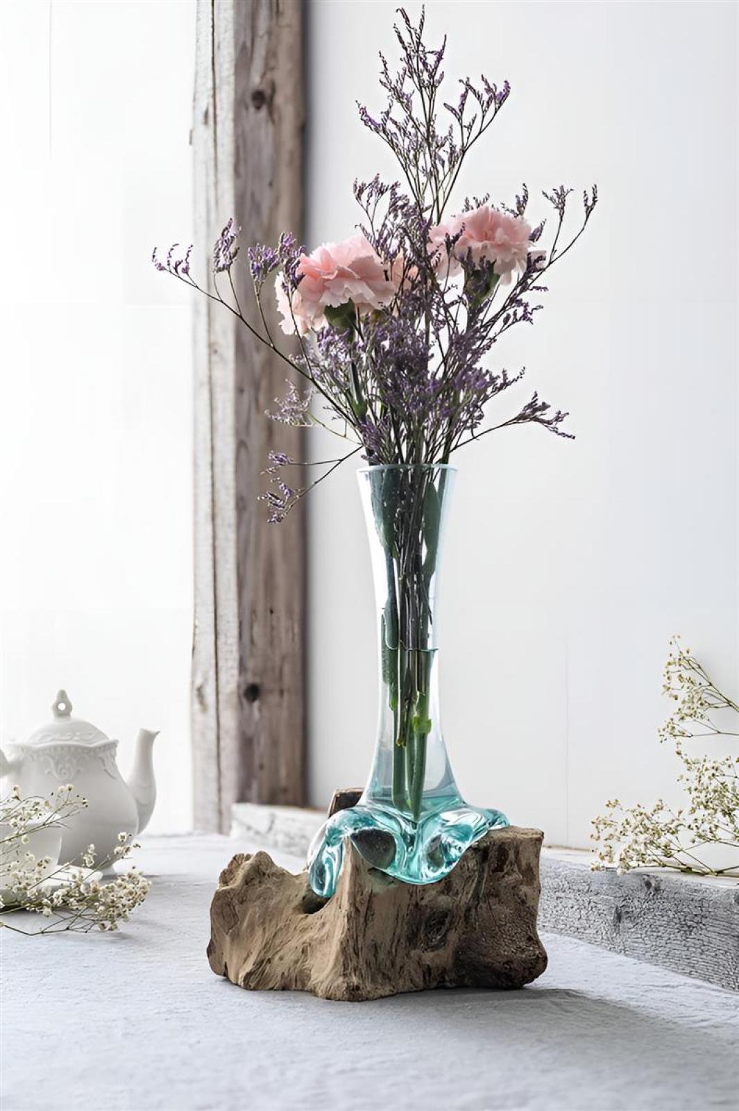 Vase "Wurzelholz" hoch, aus Holz & Glas, balinesische Handwerkskunst, Glasvase in Wurzel, Blumenvase