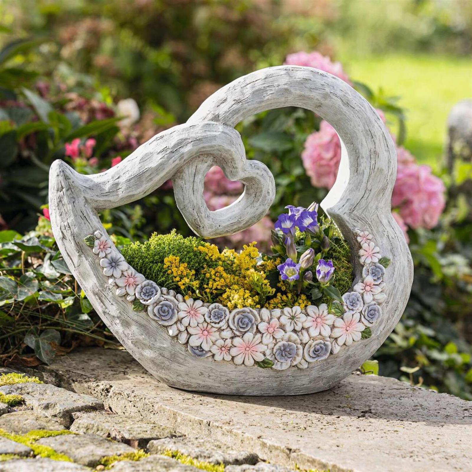 Pflanzschale "Blütenherz" aus Polyresin, Pflanzgefäß, Pflanztopf, Blumentopf, Gartendeko für Draußen