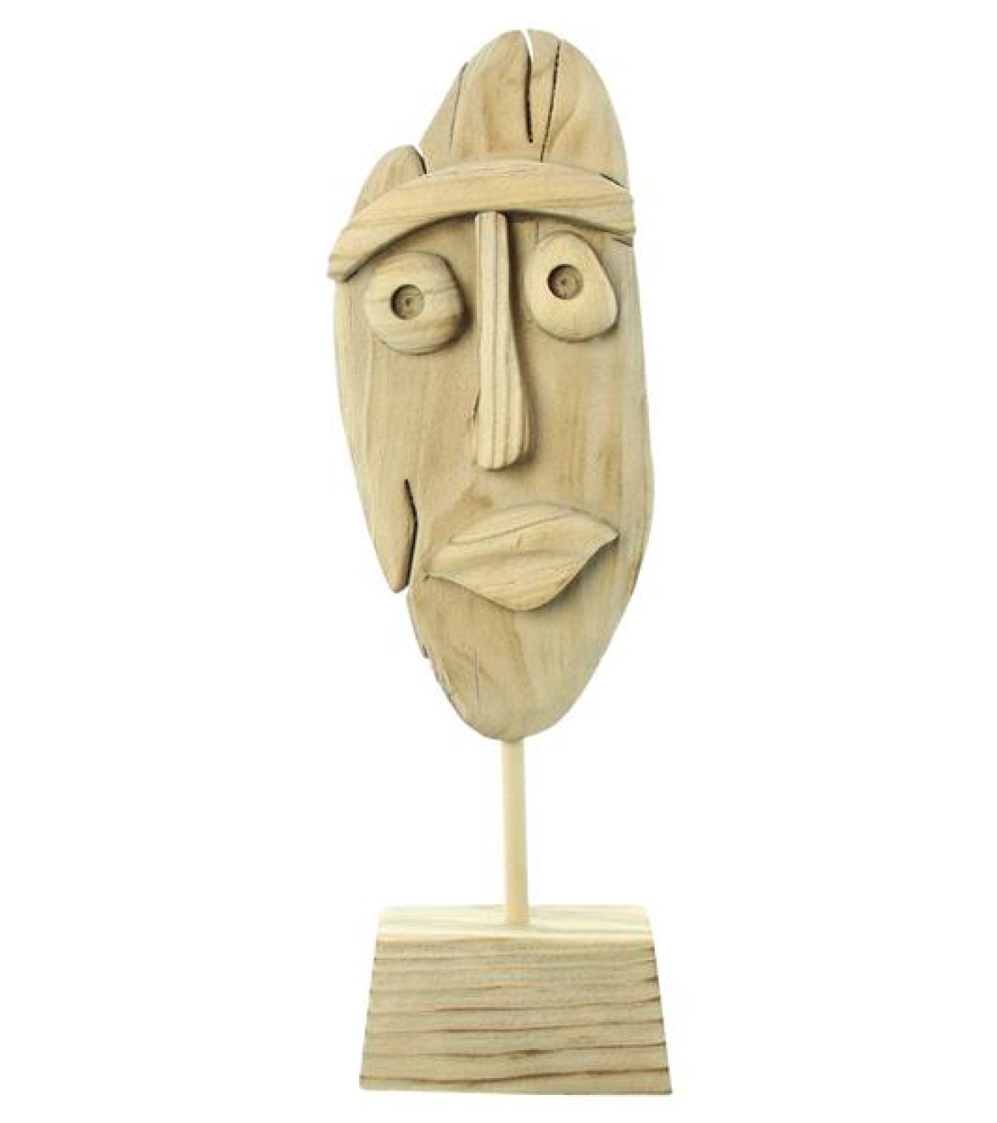 Dekofigur "Gesicht" aus Holz, natur, auf Sockel, 46 cm hoch, moderne Skulptur, Maske, Holzmaske