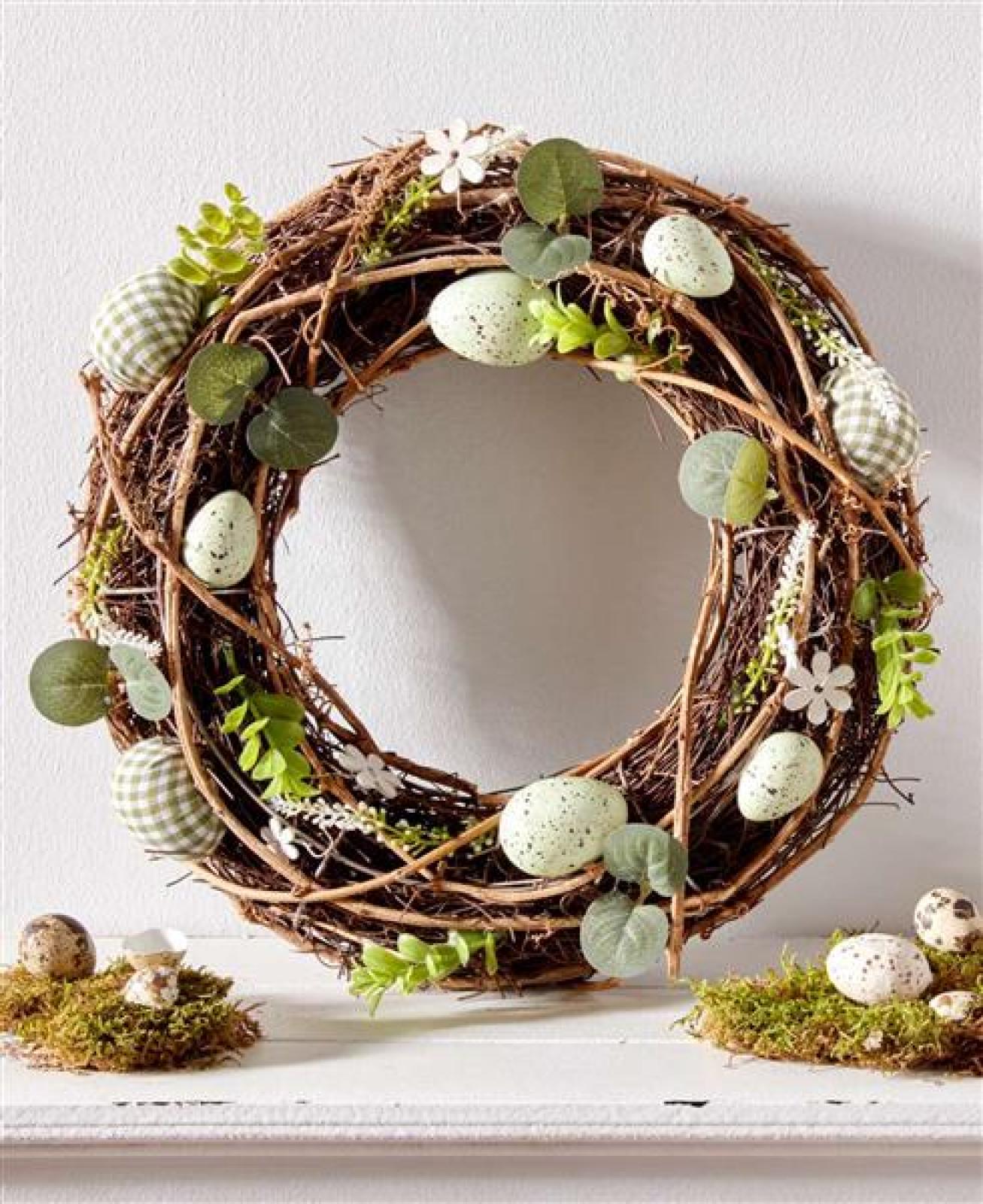 Dekokranz "Frühlingsgrün" Ø 34 cm, Osterkranz mit Ostereiern, Blumen & Blättern, Reisigkranz, Tischkranz, Wandkranz, Türkranz
