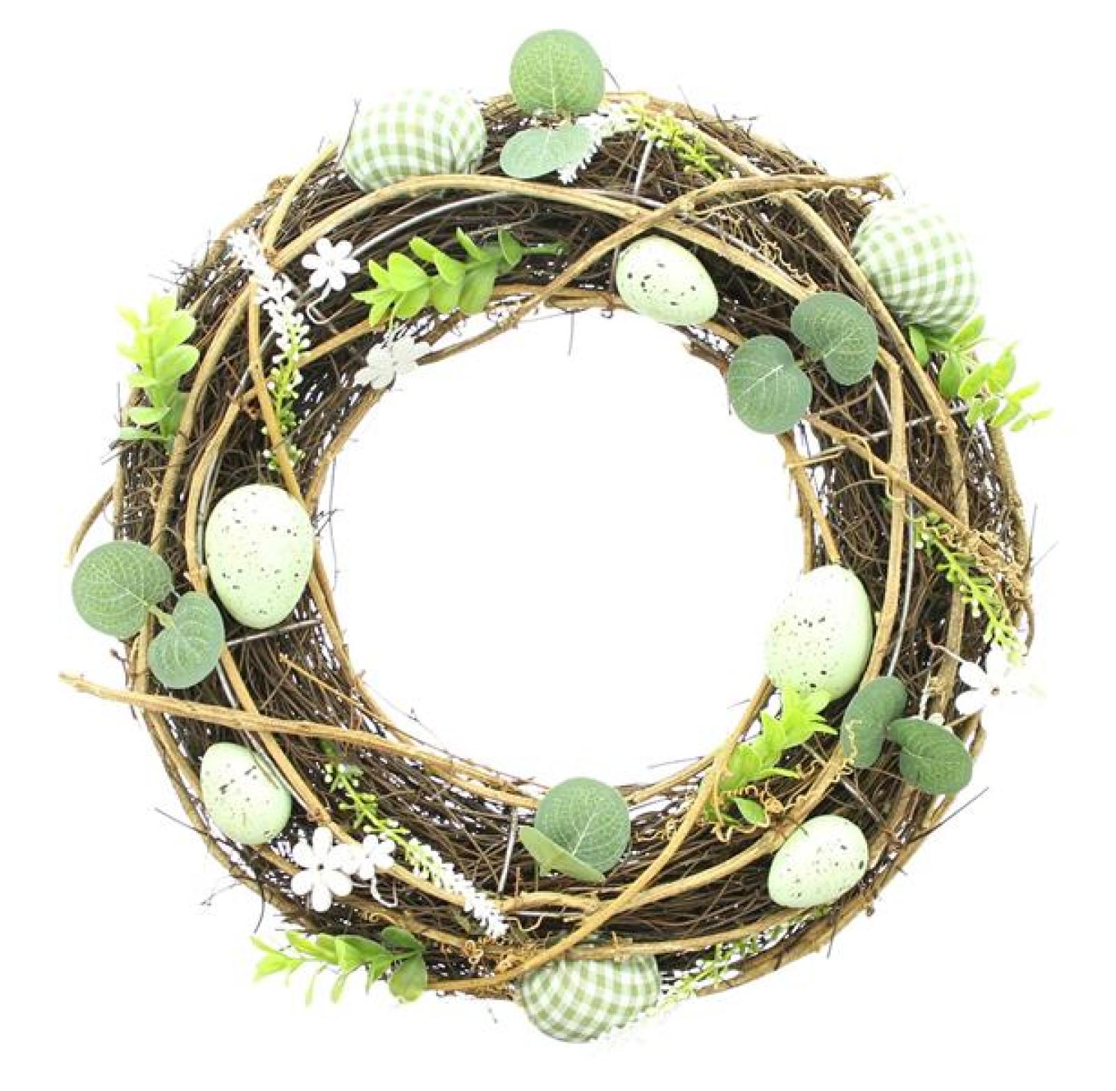 Dekokranz "Frühlingsgrün" Ø 34 cm, Osterkranz mit Ostereiern, Blumen & Blättern, Reisigkranz, Tischkranz, Wandkranz, Türkranz