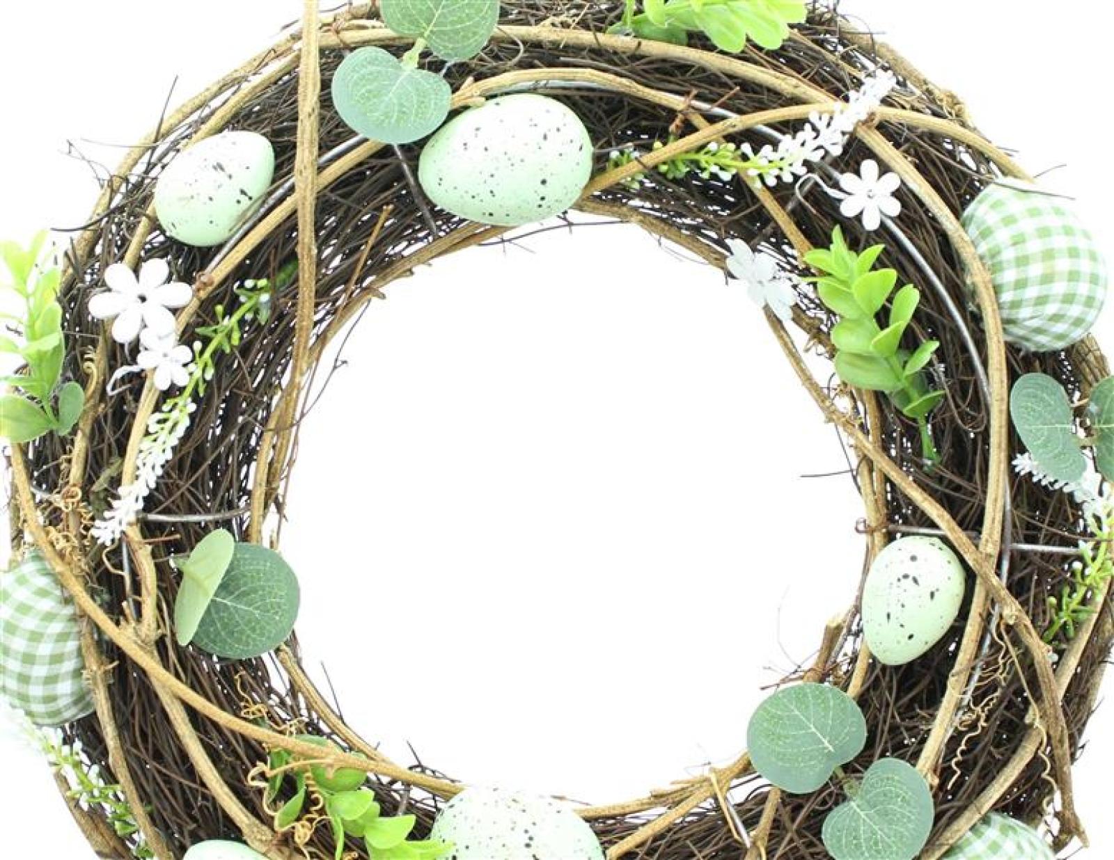 Dekokranz "Frühlingsgrün" Ø 34 cm, Osterkranz mit Ostereiern, Blumen & Blättern, Reisigkranz, Tischkranz, Wandkranz, Türkranz