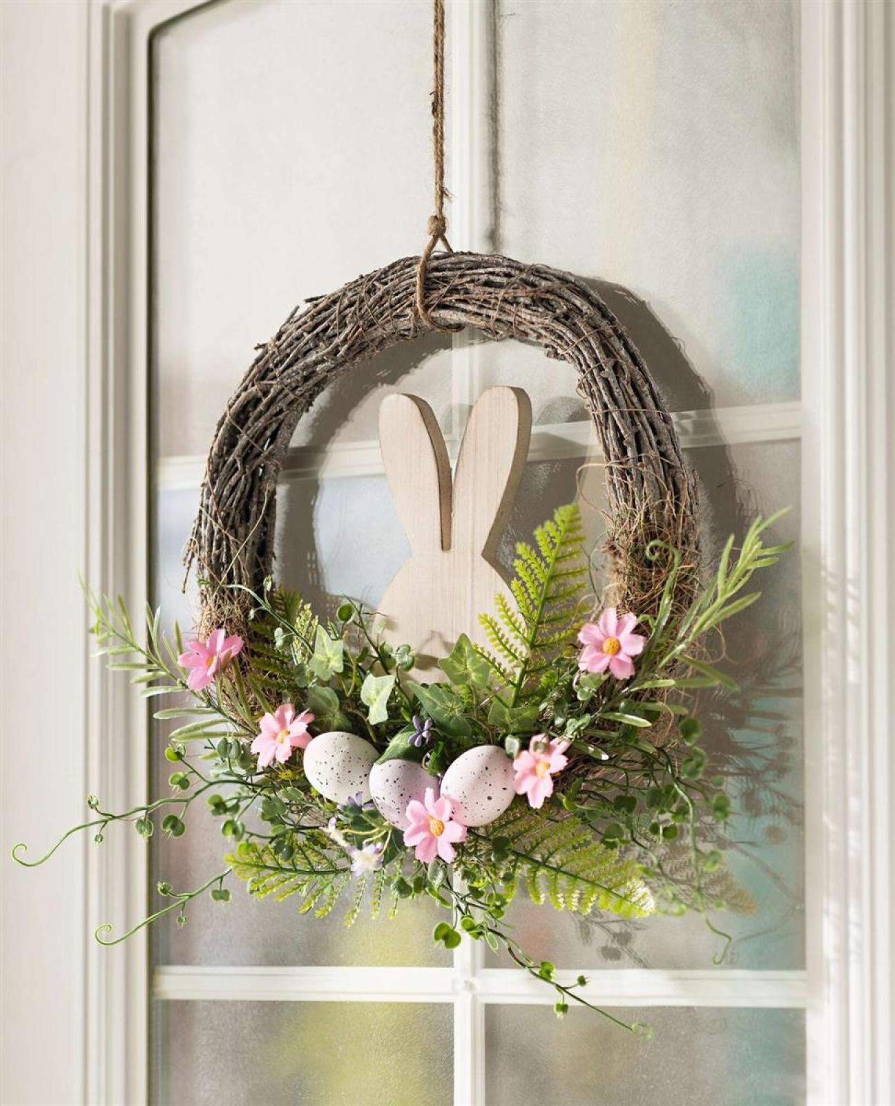 Dekokranz "Holzhäschen" Ø 31 cm aus Reisig, Osterkranz rustikal, Türkranz mit Ostereiern, Blüten & Pflanzen, Wandkranz