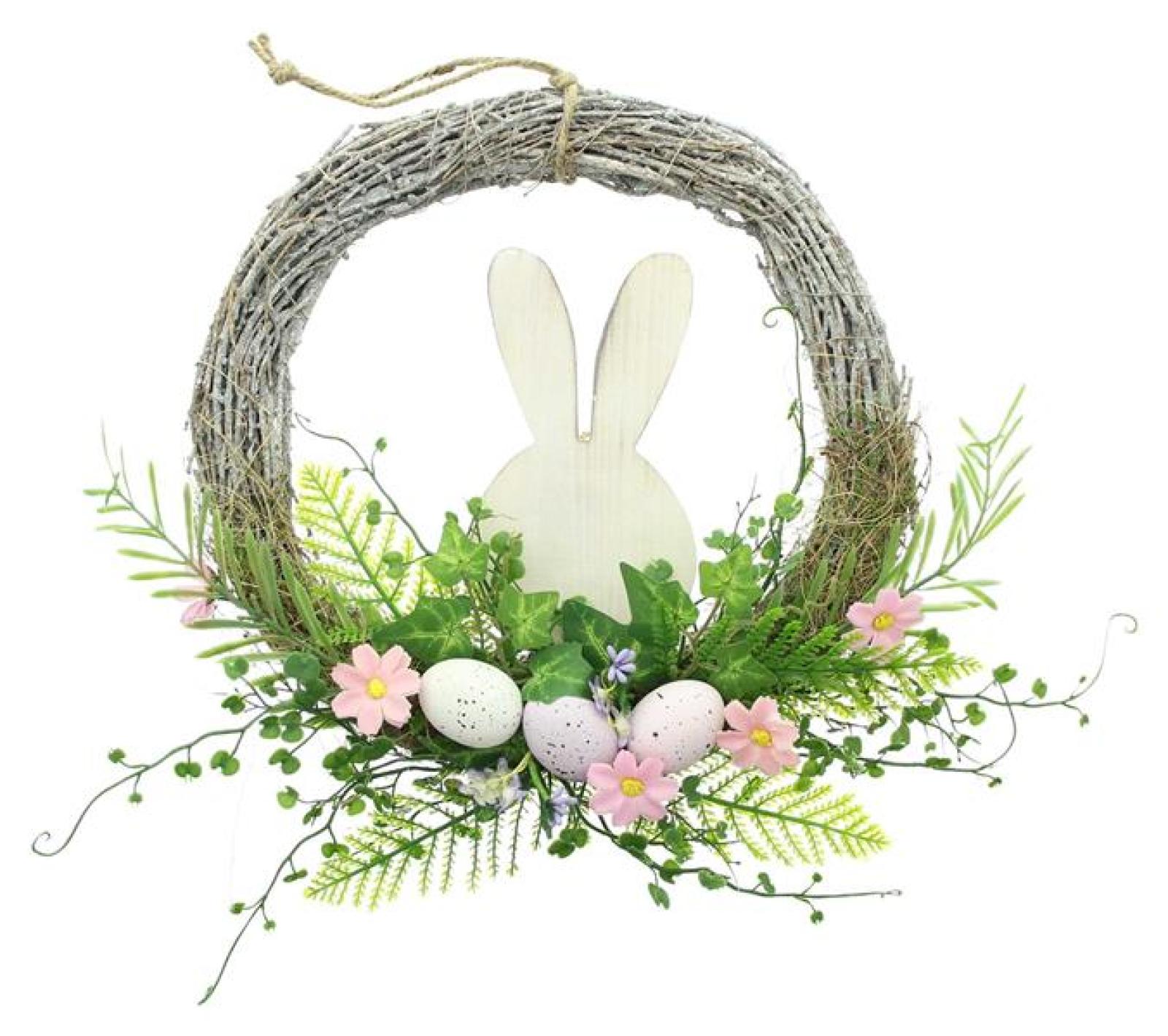 Dekokranz "Holzhäschen" Ø 31 cm aus Reisig, Osterkranz rustikal, Türkranz mit Ostereiern, Blüten & Pflanzen, Wandkranz