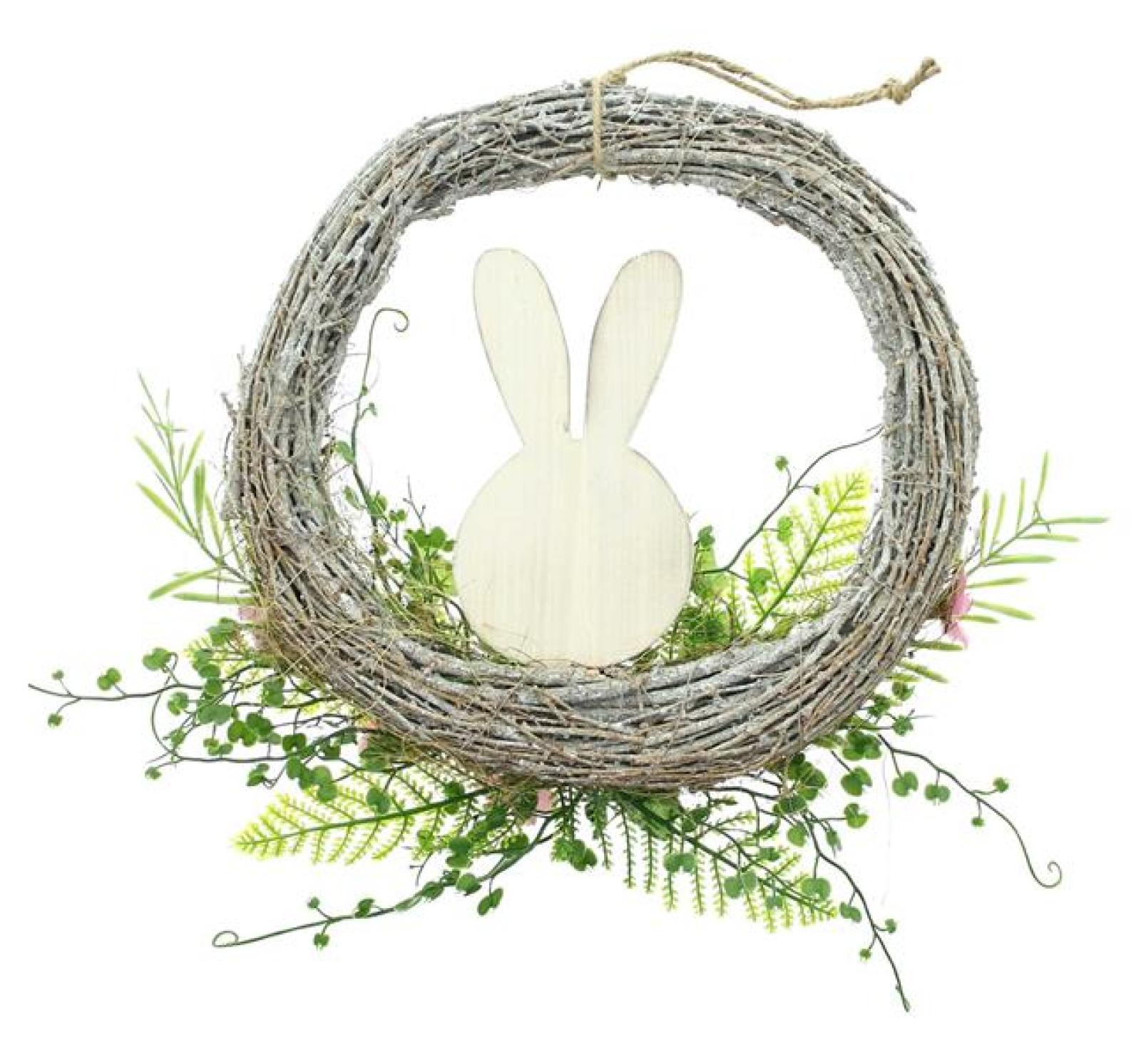 Dekokranz "Holzhäschen" Ø 31 cm aus Reisig, Osterkranz rustikal, Türkranz mit Ostereiern, Blüten & Pflanzen, Wandkranz