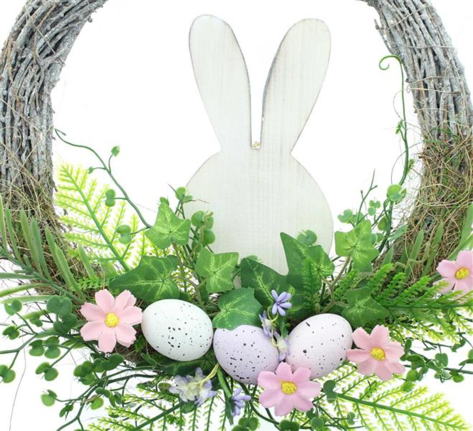 Dekokranz "Holzhäschen" Ø 31 cm aus Reisig, Osterkranz rustikal, Türkranz mit Ostereiern, Blüten & Pflanzen, Wandkranz