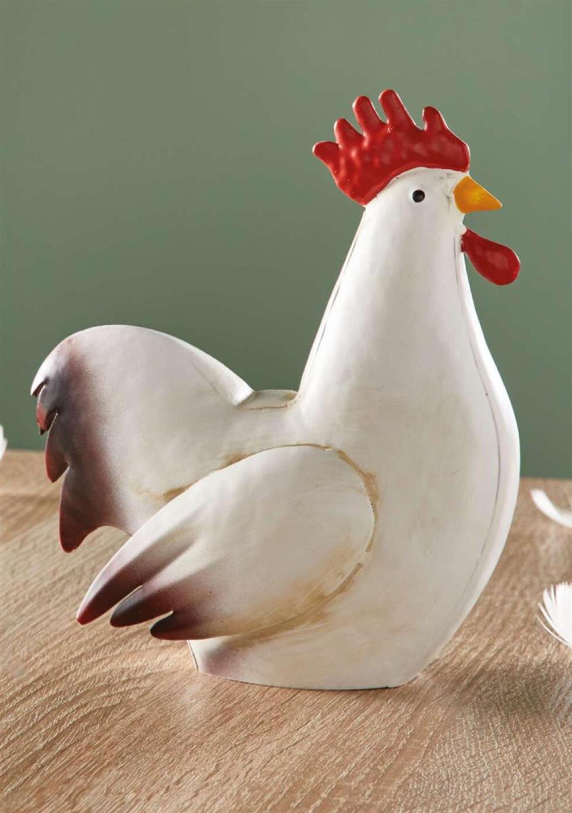 Dekofigur Hahn "Gallo" aus Metall, weiß, 19 cm hoch, Osterdeko, Hühnerdeko, Dekohuhn, Tischdeko