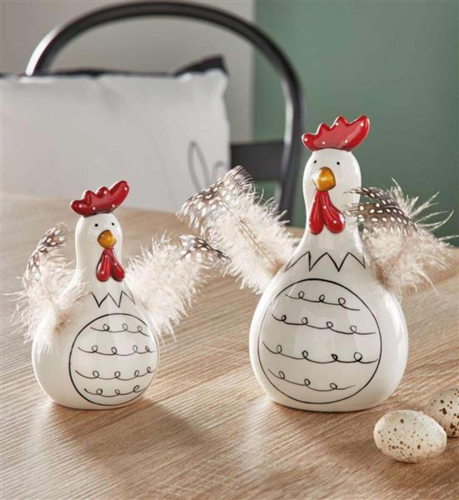 2x Dekofigur Huhn "Federn" aus Porzellan, weiß glänzend, 12 + 16 cm hoch, Osterdeko, Tischdeko, Dekohühner