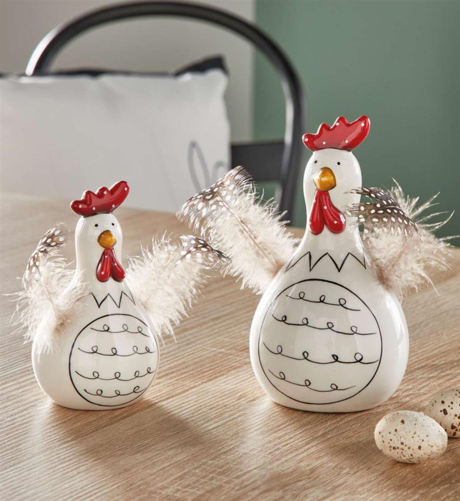 2x Dekofigur Huhn "Federn" aus Porzellan, weiß glänzend, 12 + 16 cm hoch, Osterdeko, Tischdeko, Dekohühner