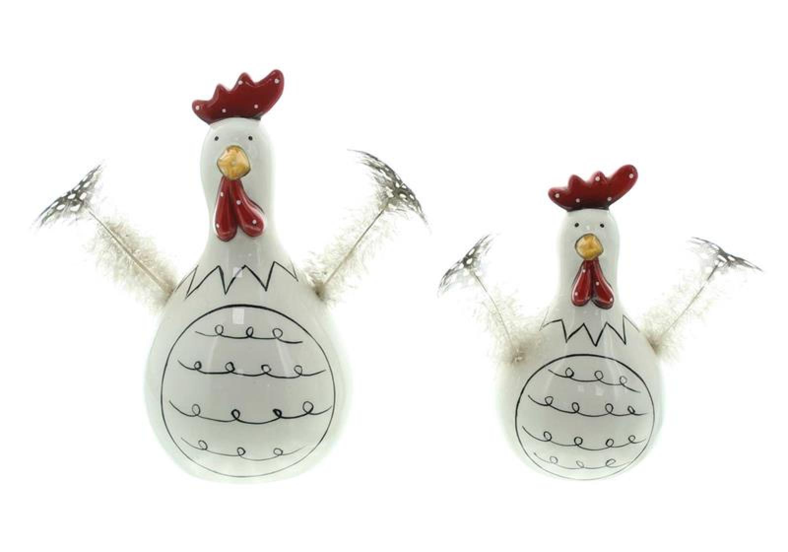 2x Dekofigur Huhn "Federn" aus Porzellan, weiß glänzend, 12 + 16 cm hoch, Osterdeko, Tischdeko, Dekohühner