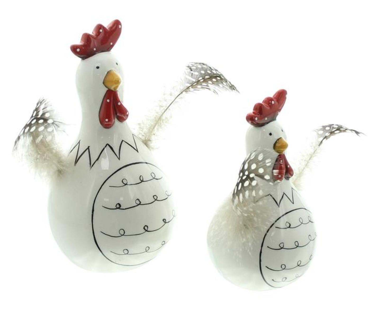 2x Dekofigur Huhn "Federn" aus Porzellan, weiß glänzend, 12 + 16 cm hoch, Osterdeko, Tischdeko, Dekohühner