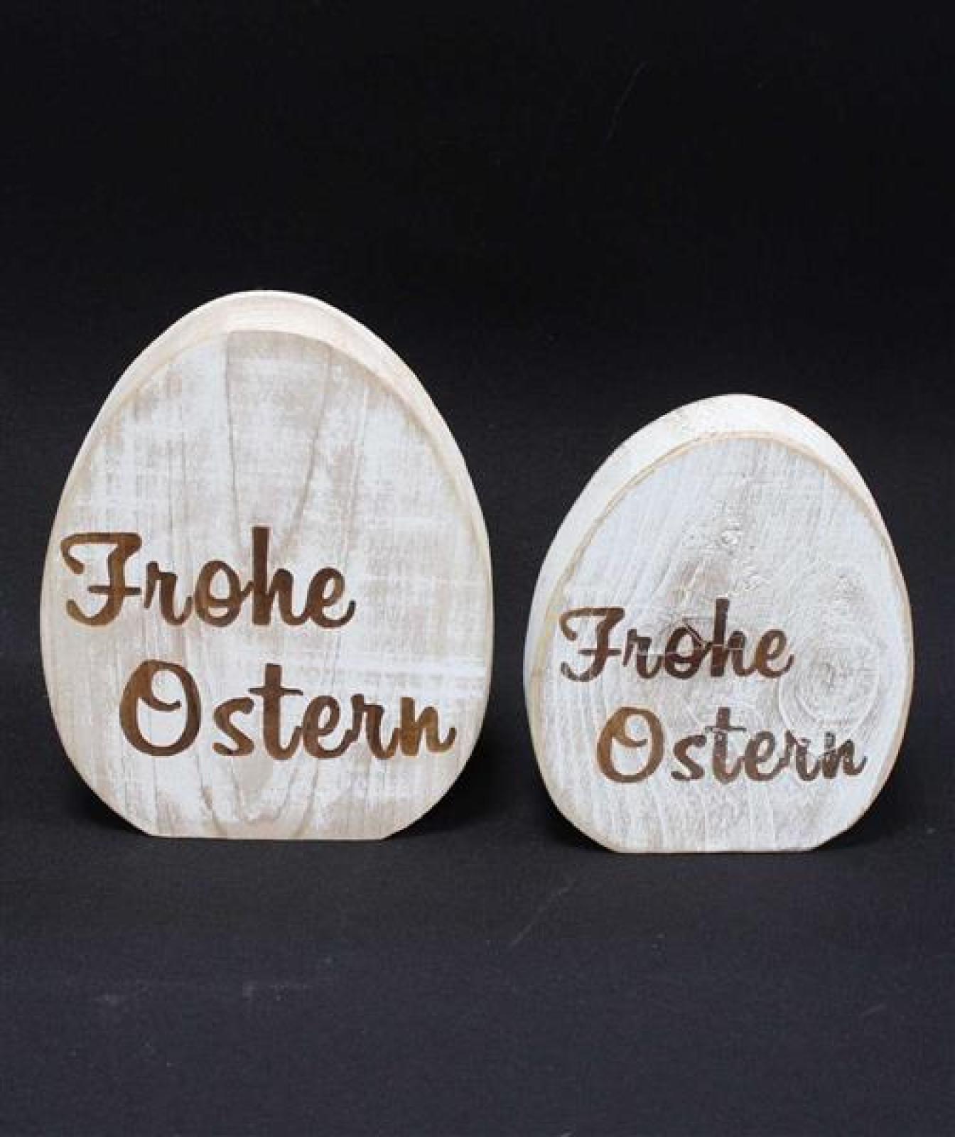 2x Deko-Ei "Frohe Ostern" aus Holz, weiß gekalkt, Dekofigur Osterei, 14 + 16 cm hoch, Osterdeko, Holzdeko