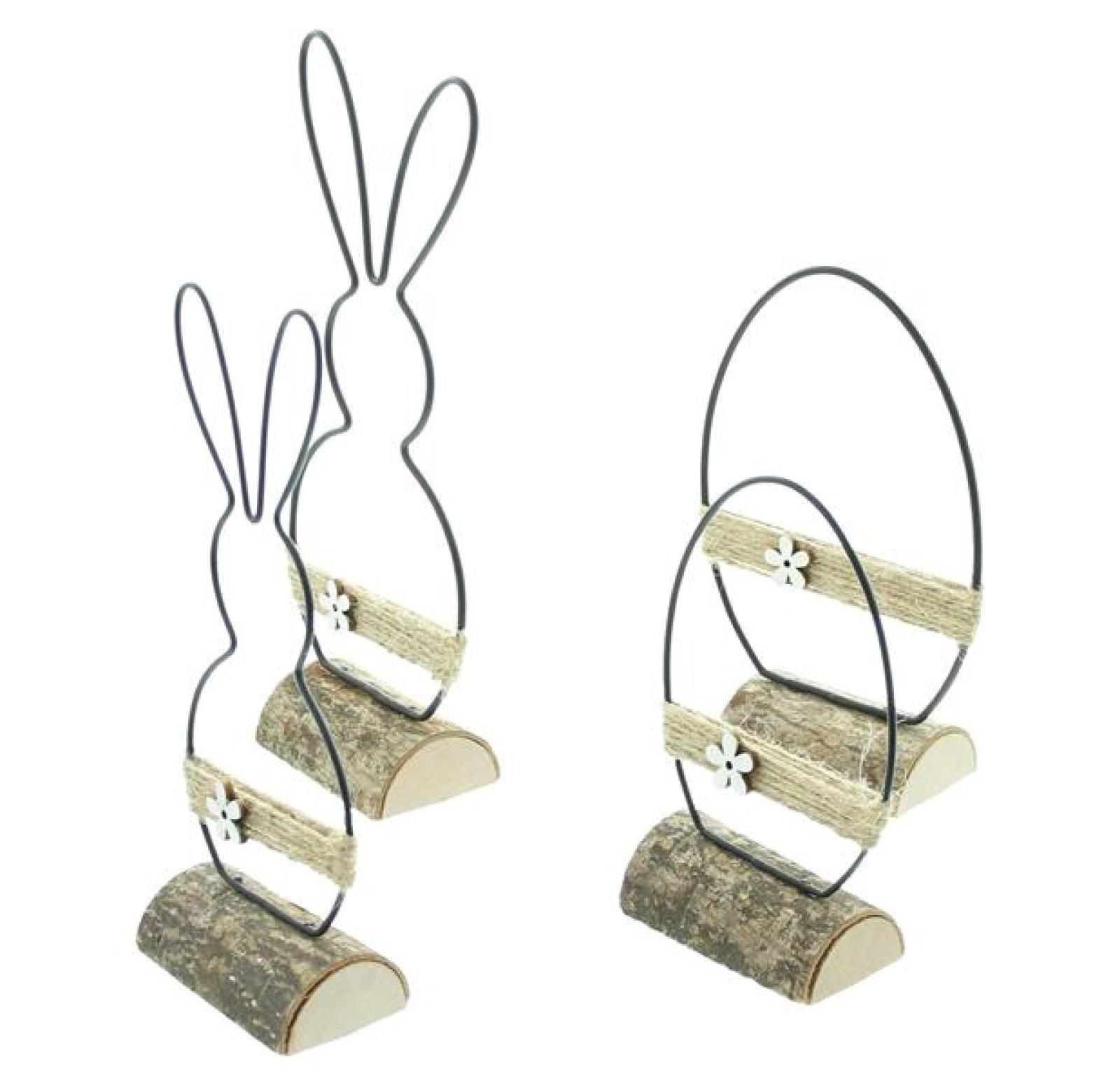 4x Osterdeko "Modern" aus Metall, Holz & Jute, Dekofiguren Osterhase & Osterei, 13 - 22 cm hoch