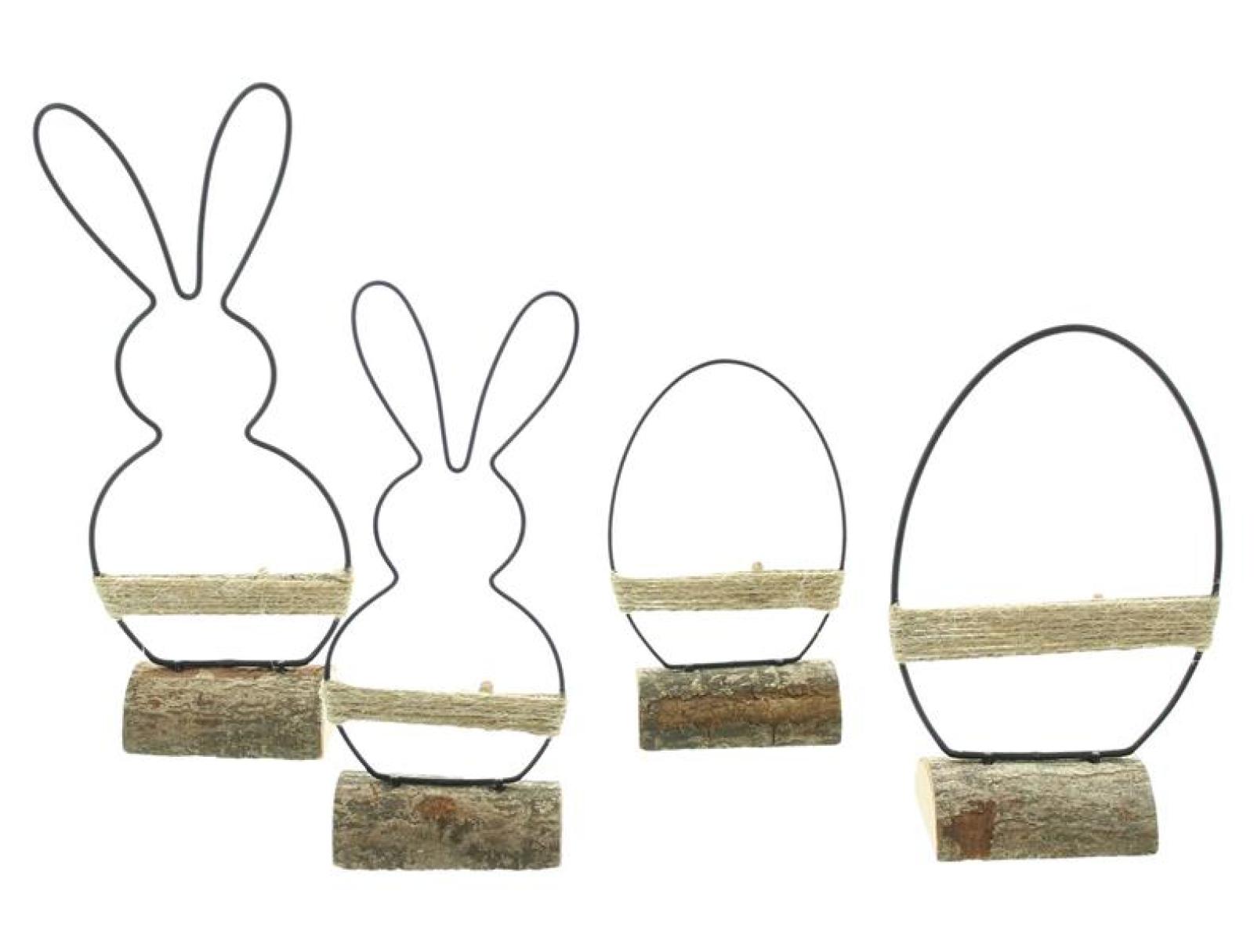 4x Osterdeko "Modern" aus Metall, Holz & Jute, Dekofiguren Osterhase & Osterei, 13 - 22 cm hoch
