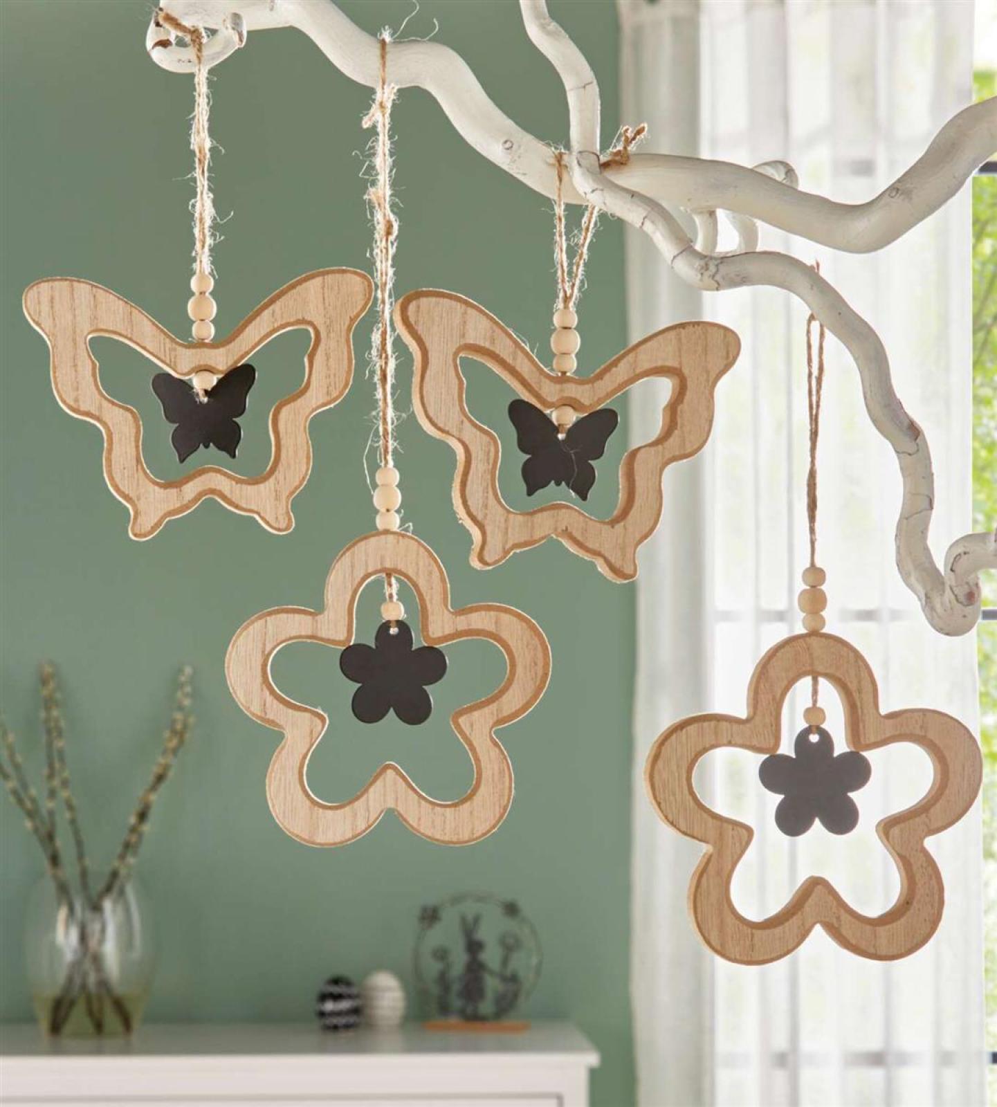 4 Dekohänger "Schmetterling & Blume" aus MDF & Metall, Fensterdeko zum Aufhängen, Frühlingsdeko hängend