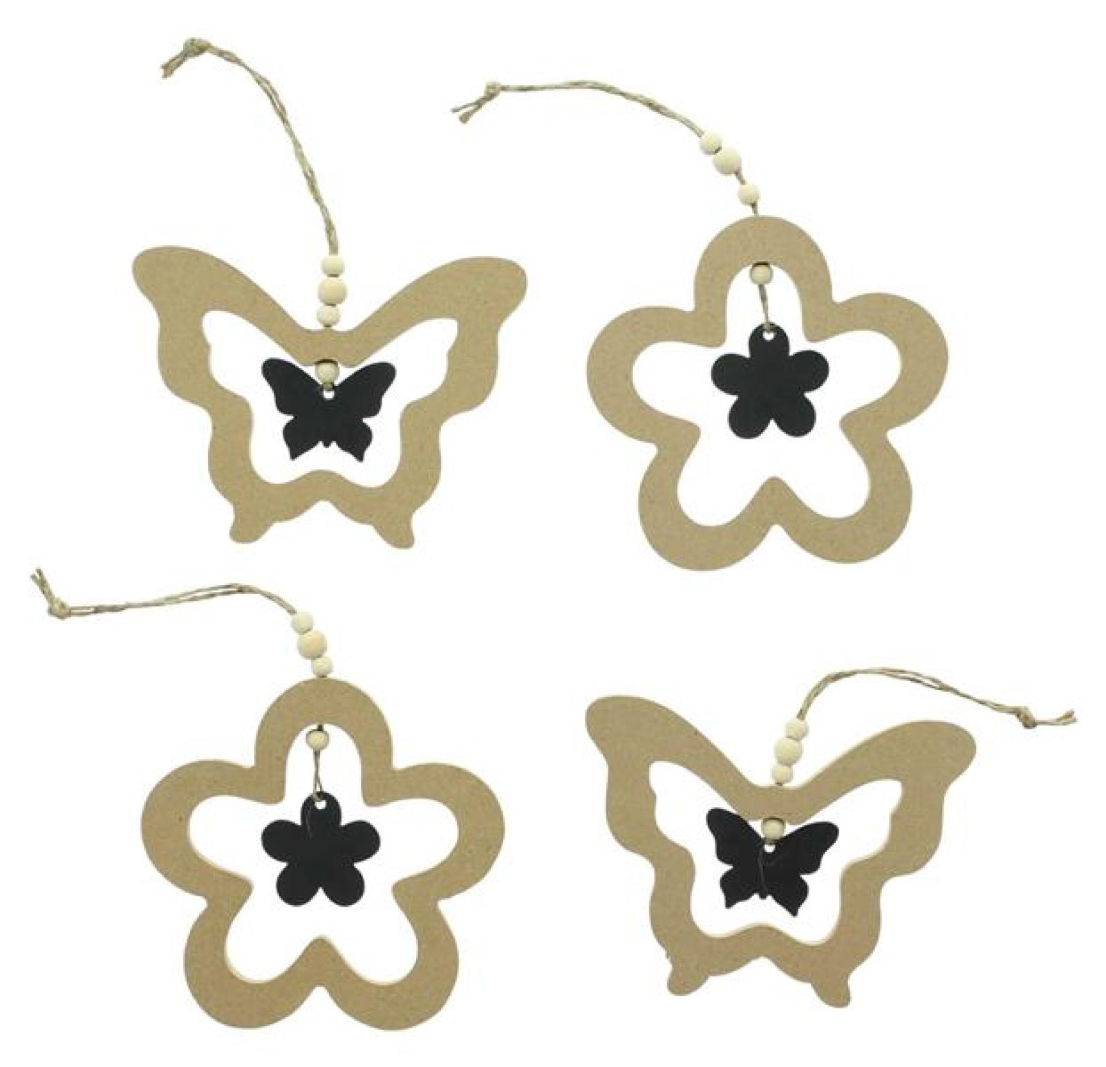 4 Dekohänger "Schmetterling & Blume" aus MDF & Metall, Fensterdeko zum Aufhängen, Frühlingsdeko hängend