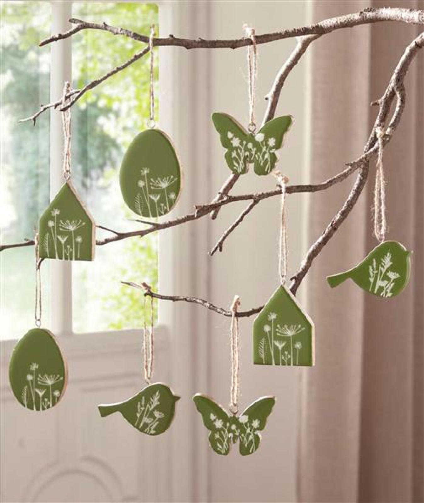 8x Dekohänger "Frühling" aus Holz in grün, Osterdeko, Hängedeko, Osterei, Vogel, Haus & Schmetterling