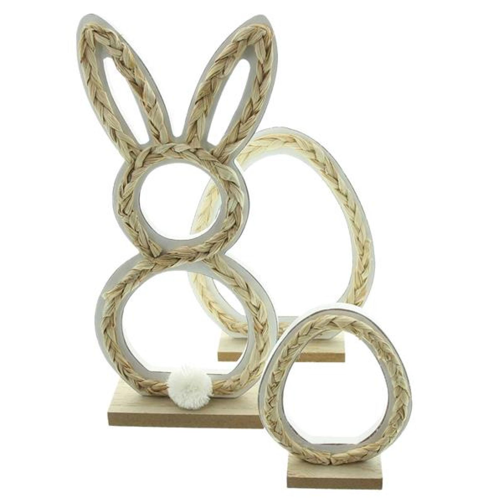 3x Osterdeko "Natur" Dekofigur aus Holz & Seegras, 12 - 27 cm hoch, Osterhase & Ostereier